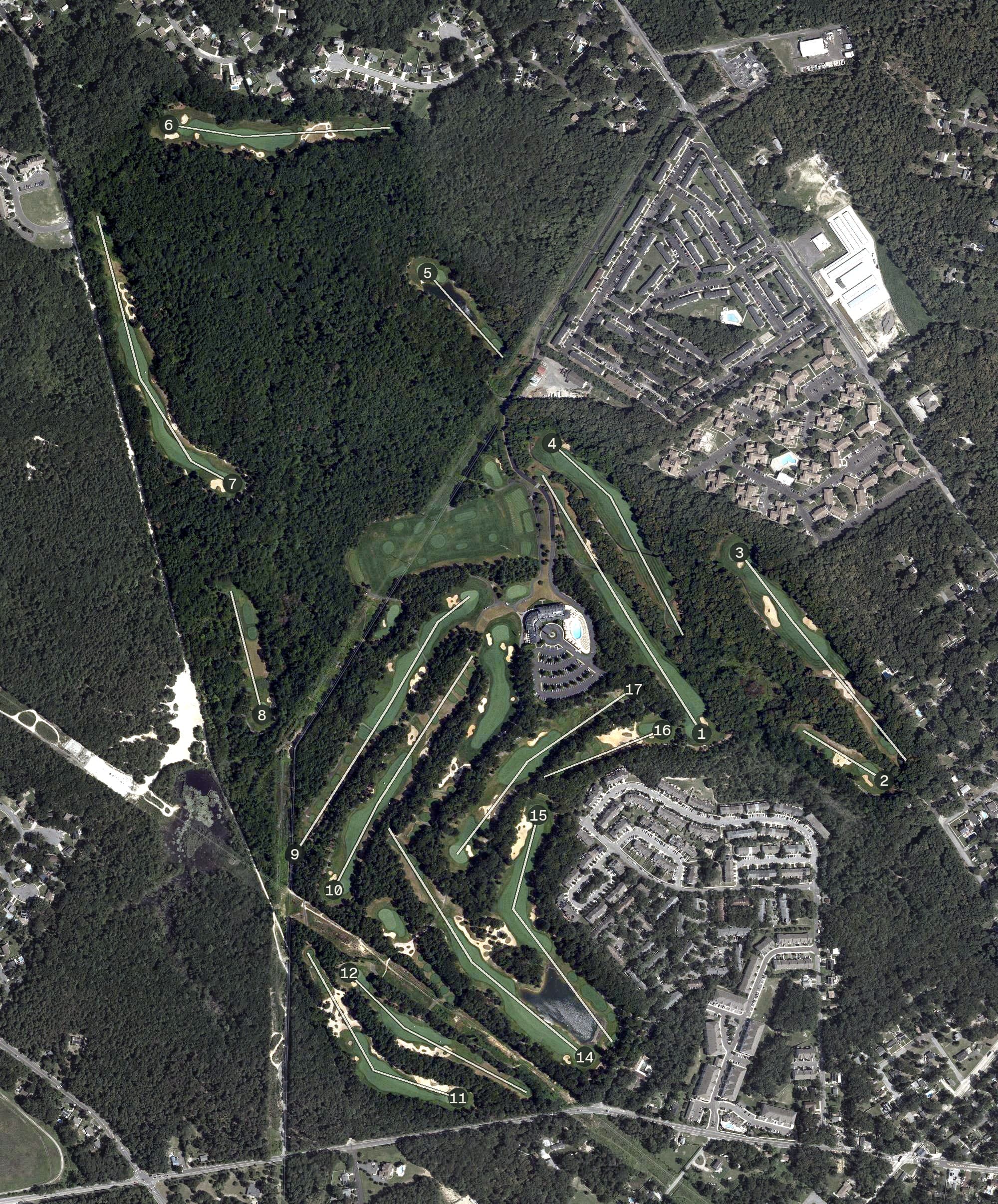Aerial view of Trump National Philly, NJ, with its hole routing marked