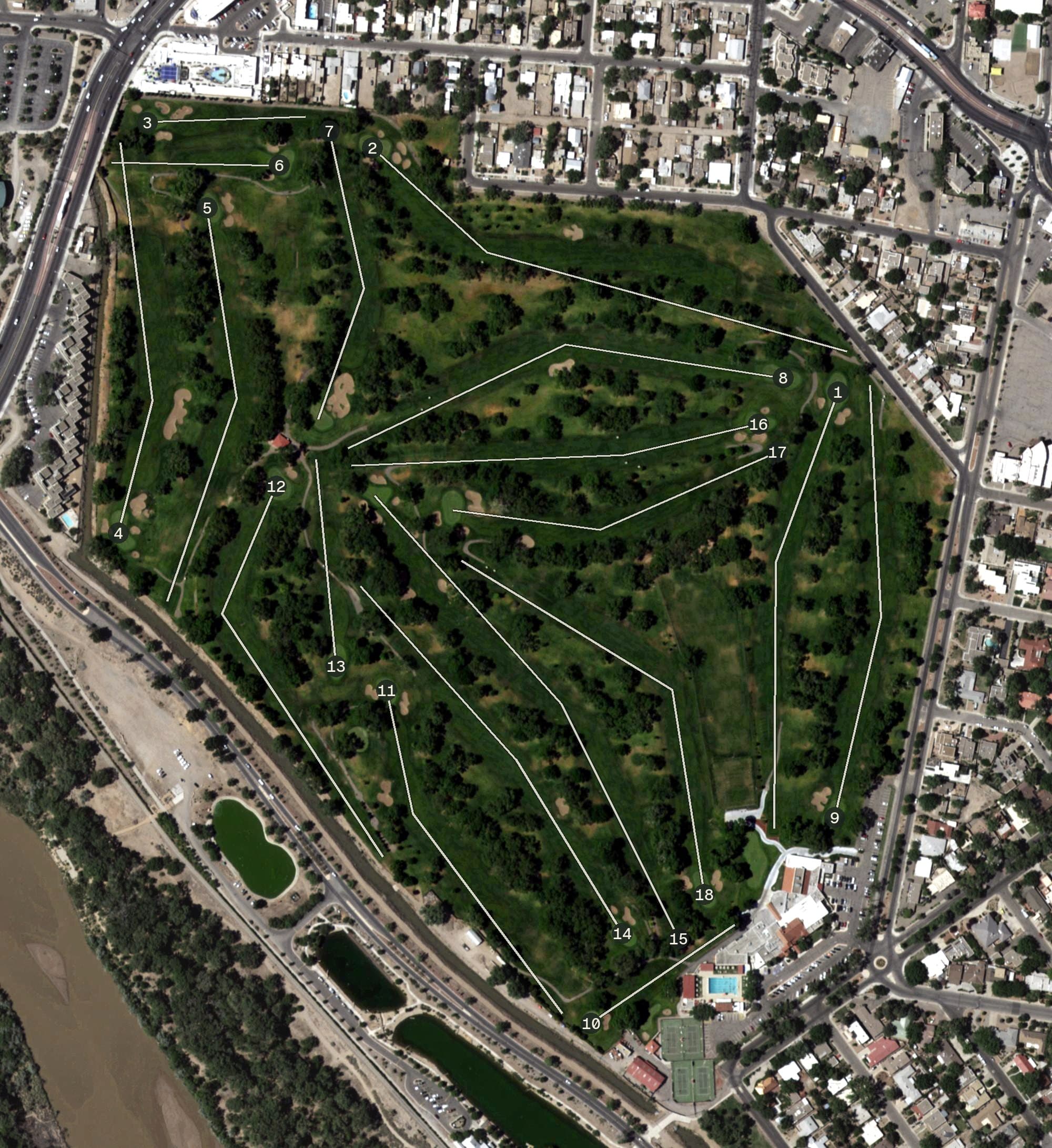 Aerial view of Albuquerque Country Club, NM, with its hole routing marked