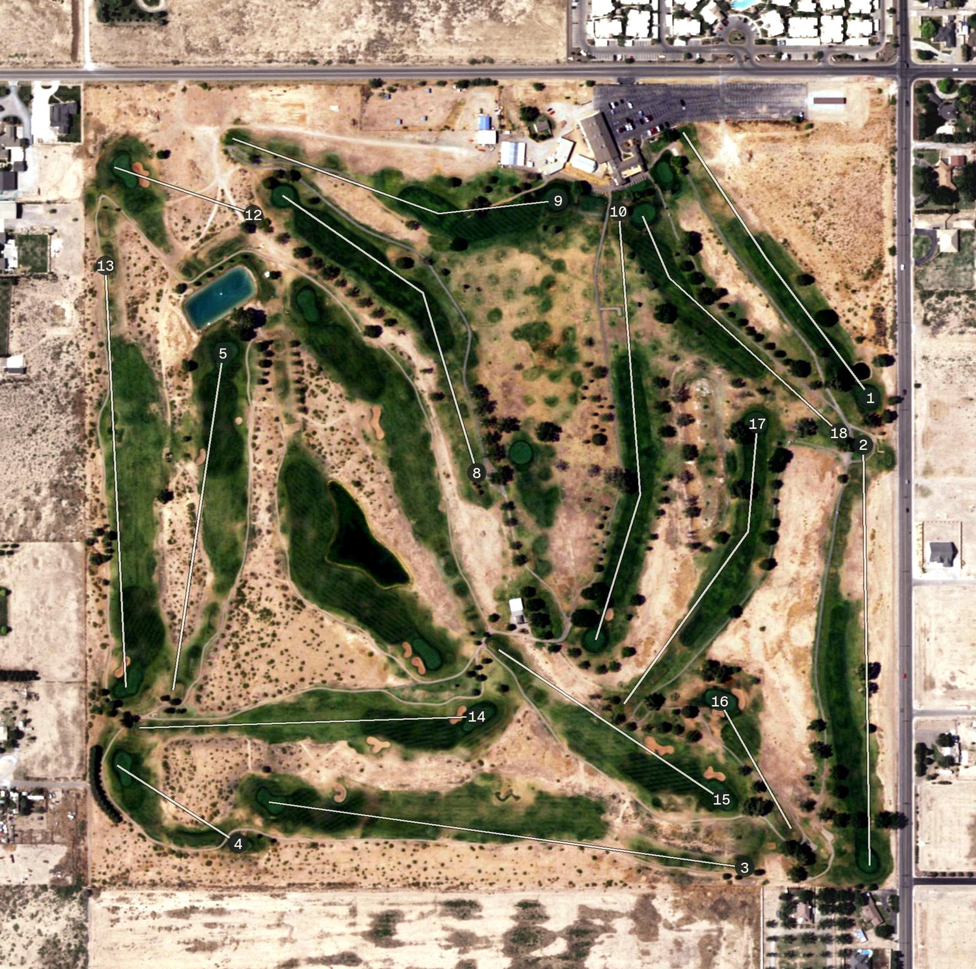 Aerial view of Artesia Country Club, NM, with its hole routing marked