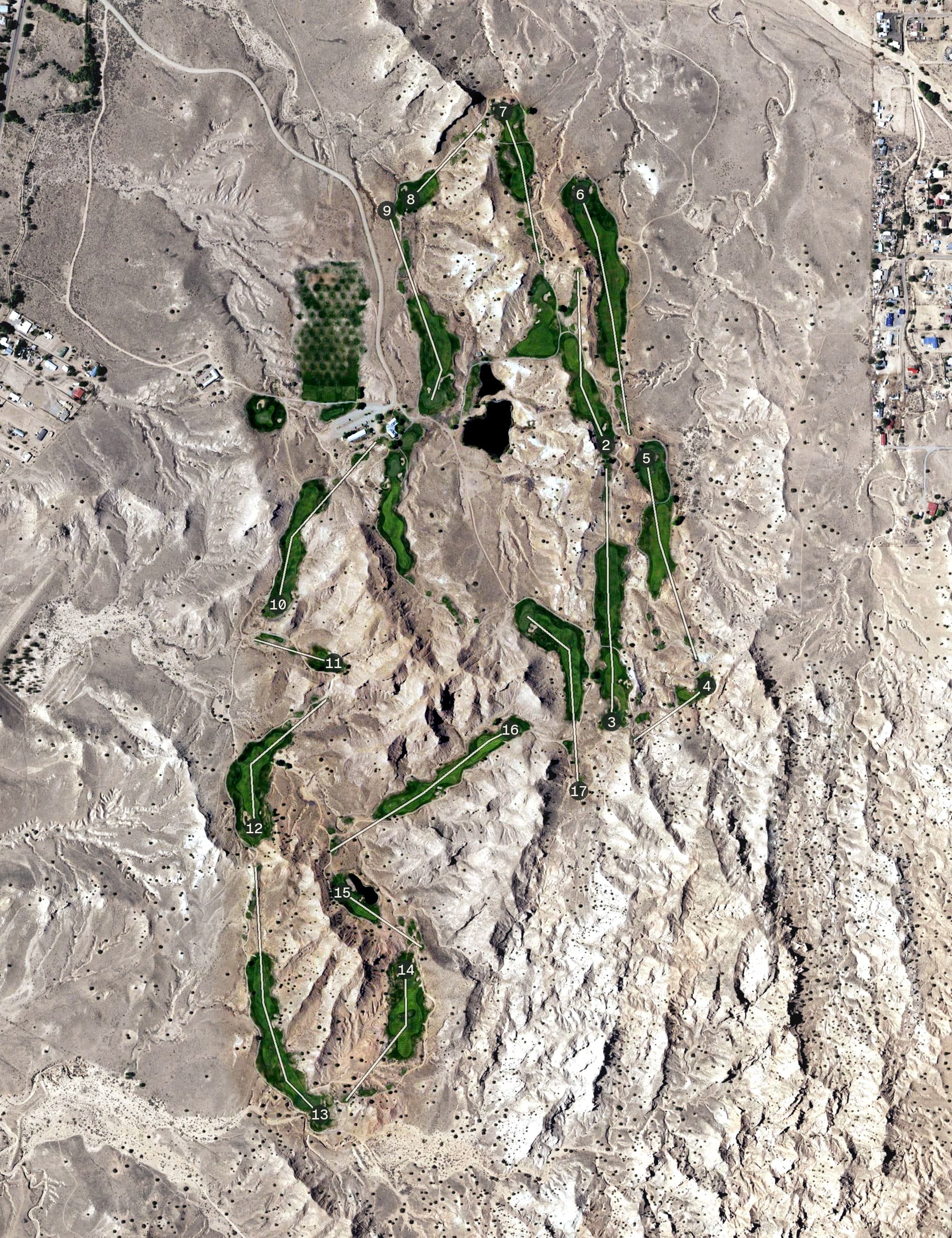 Aerial view of Black Mesa Golf Club, NM, with its hole routing marked