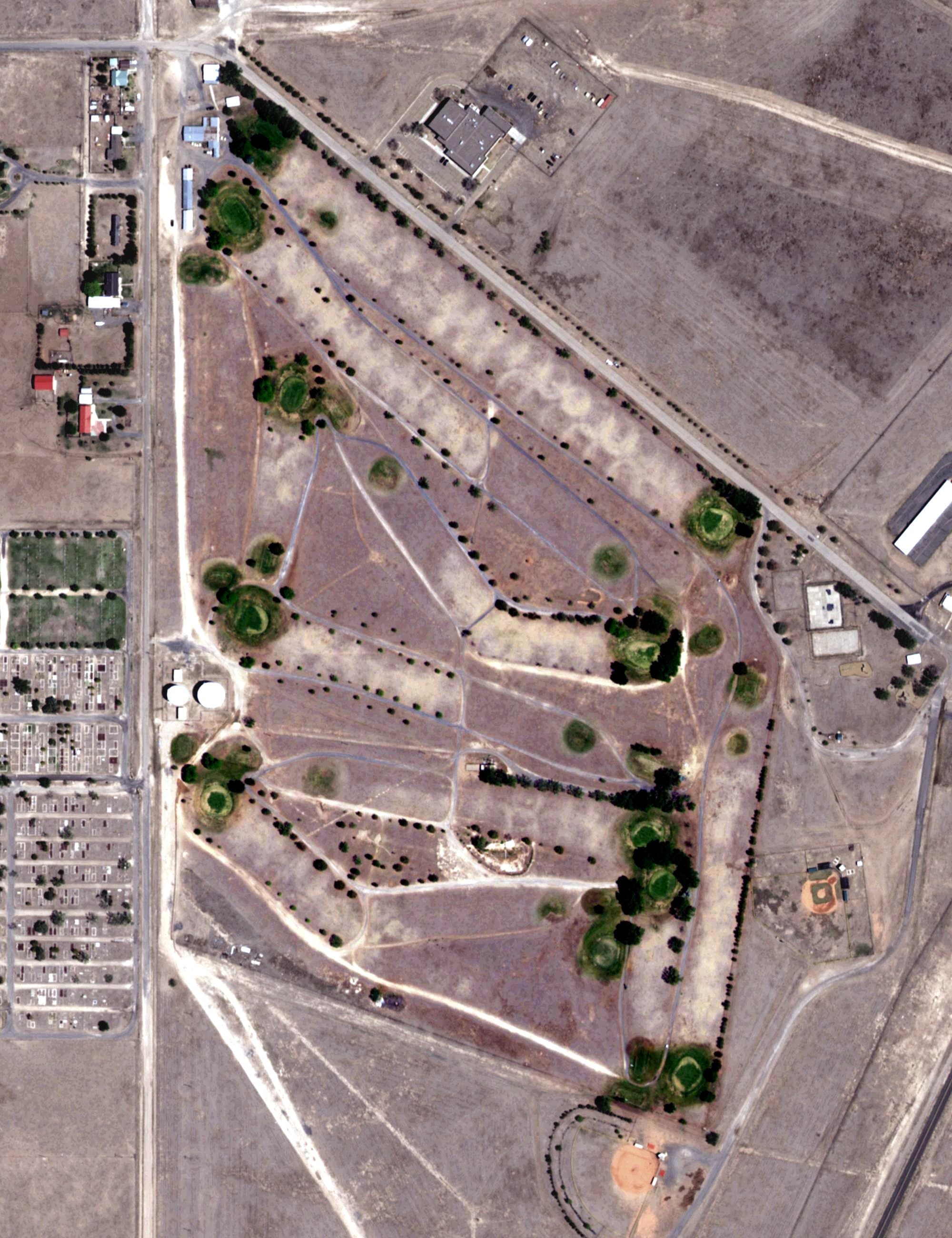 Aerial view of Clayton Golf Club, NM, with its hole routing marked