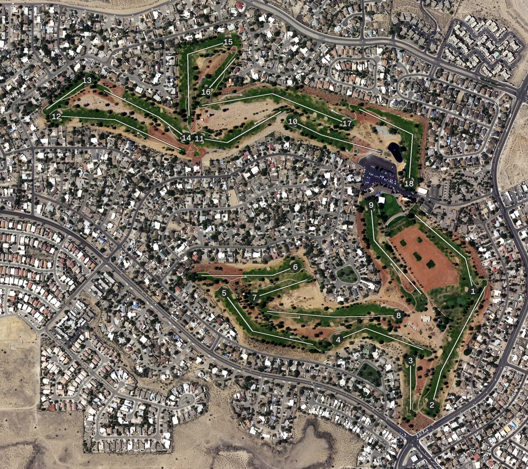 Aerial view of Desert Greens Golf Course, NM, with its hole routing marked
