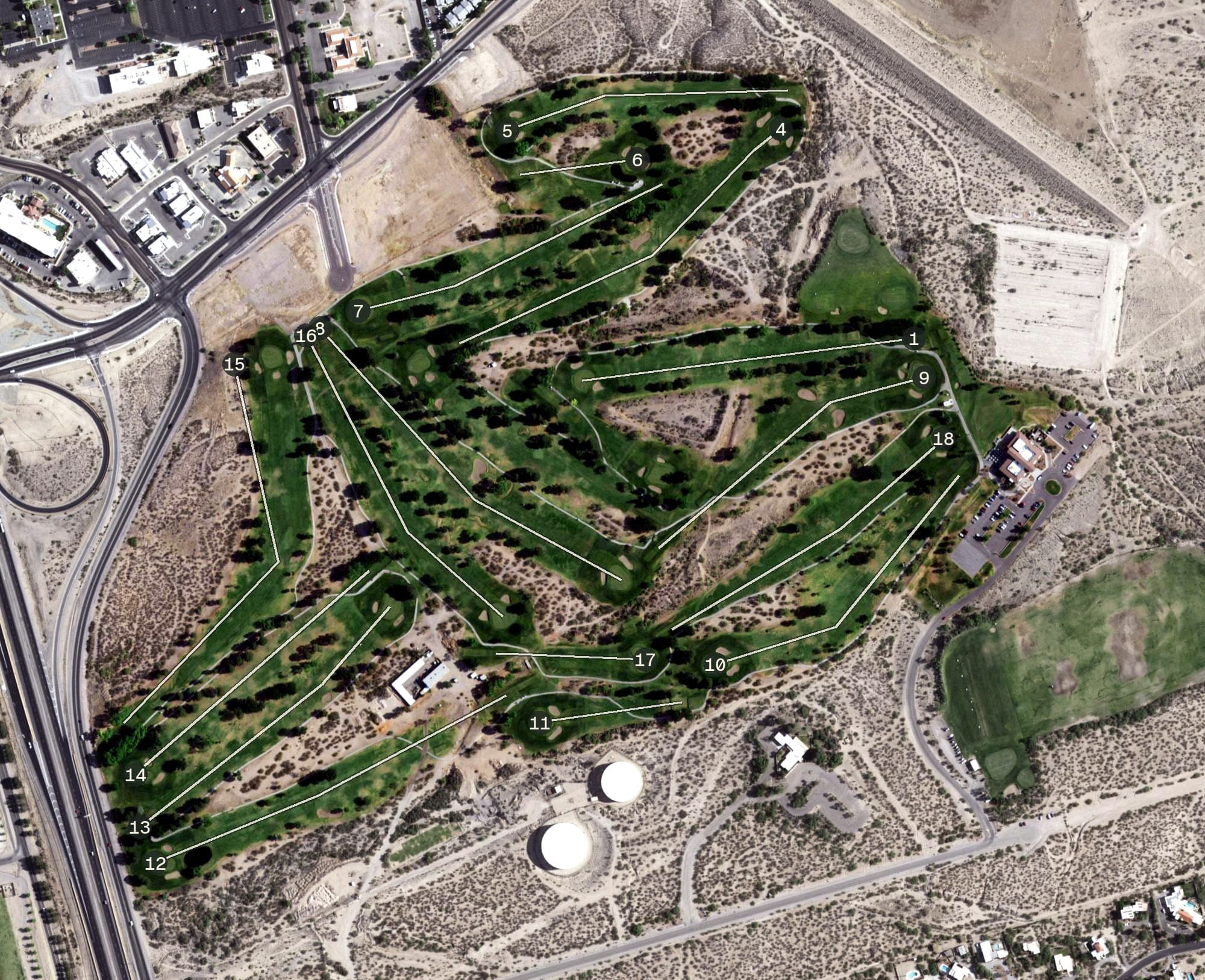Aerial view of New Mexico State University Golf Course, NM, with its hole routing marked
