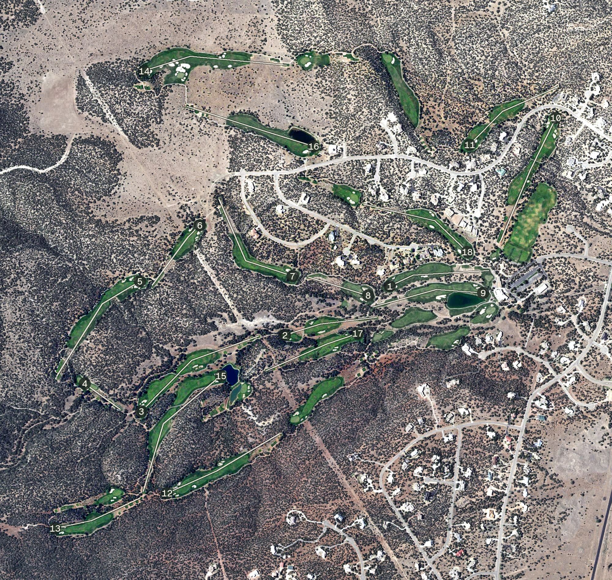 Aerial view of Paa-Ko Ridge Golf Club, NM, with its hole routing marked