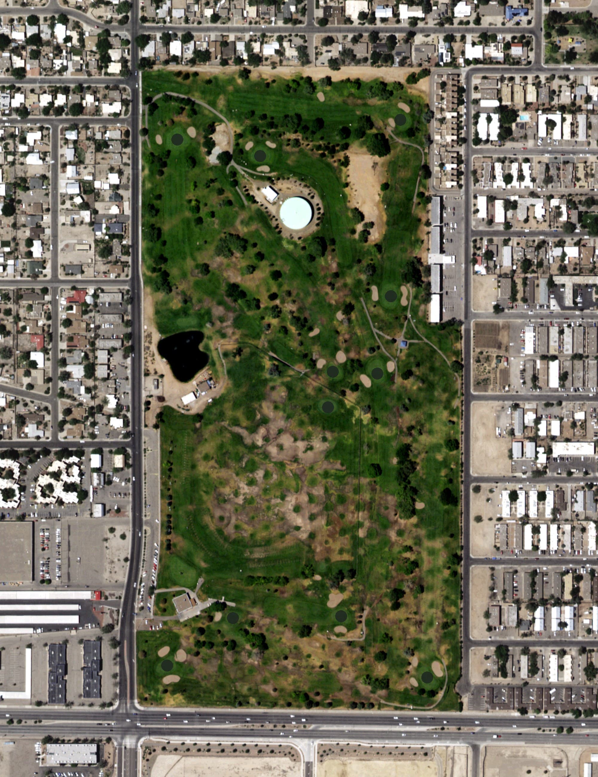 Aerial view of Puerto Del Sol Golf Course, NM, with its hole routing marked