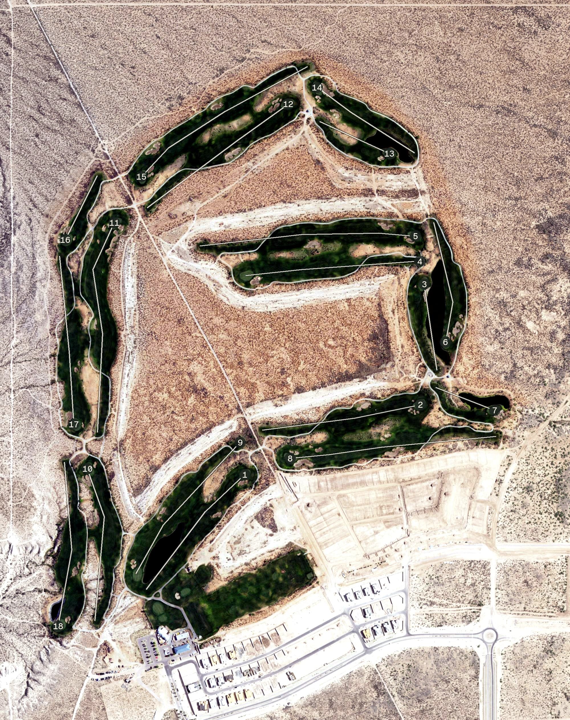 Aerial view of Red Hawk Golf Club, NM, with its hole routing marked