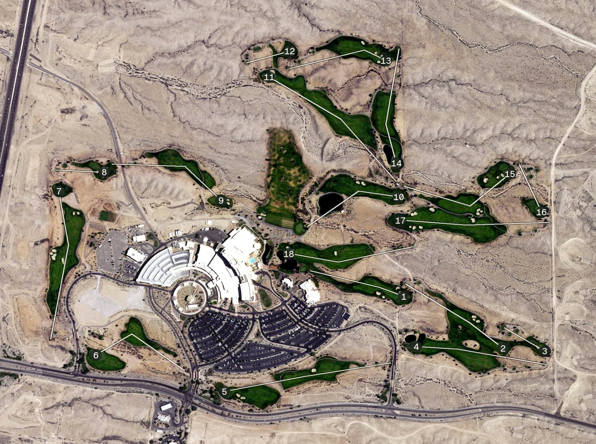 Aerial view of Sandia Golf Club, NM, with its hole routing marked