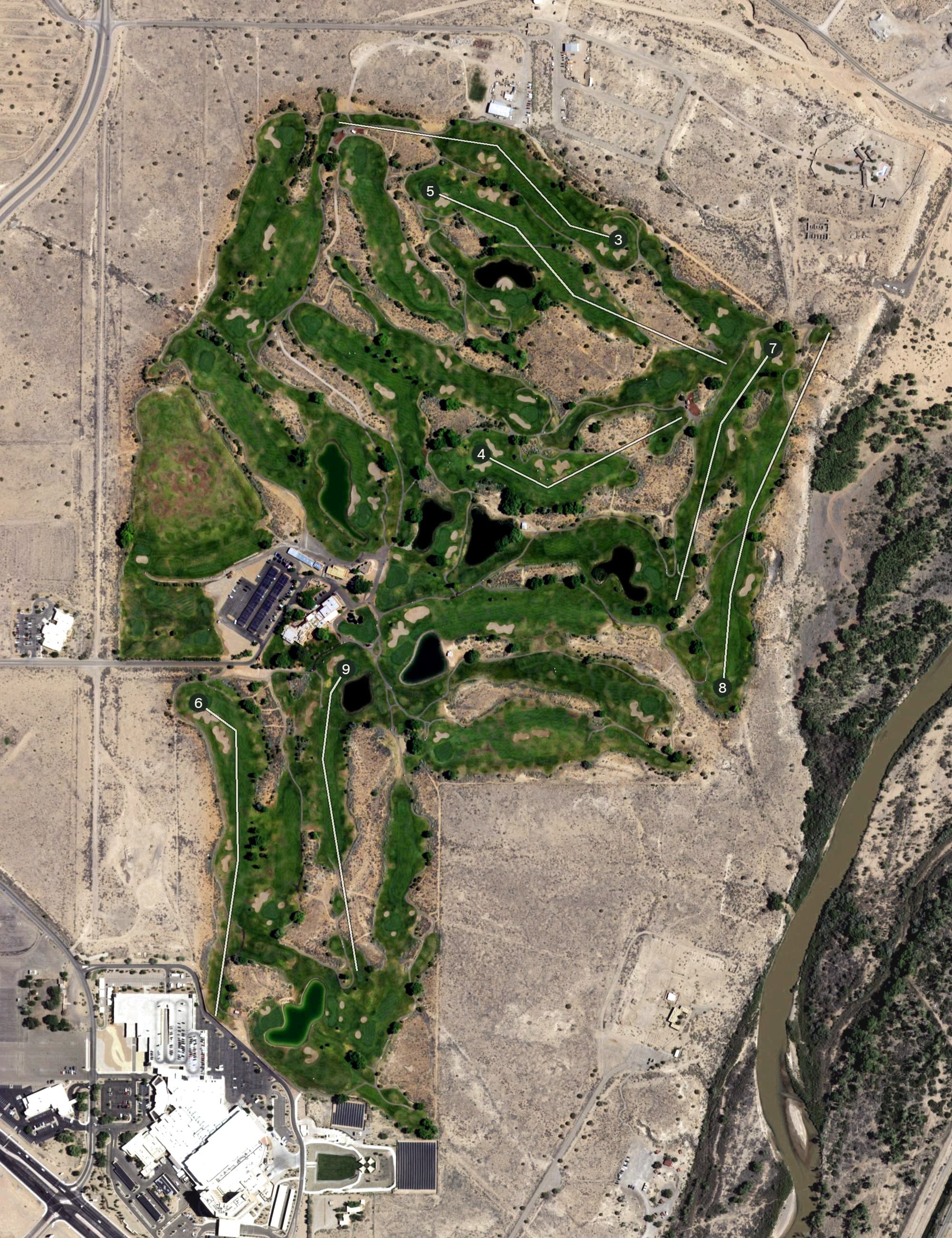 Aerial view of Santa Ana Golf Course, NM, with its hole routing marked