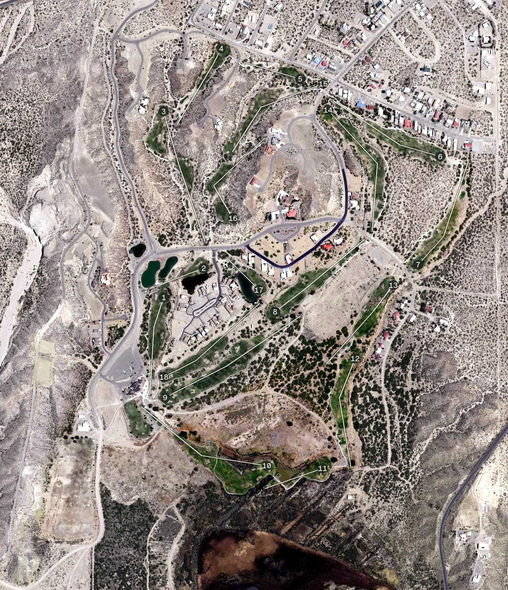 Aerial view of Sierra del Rio Golf Course, NM, with its hole routing marked