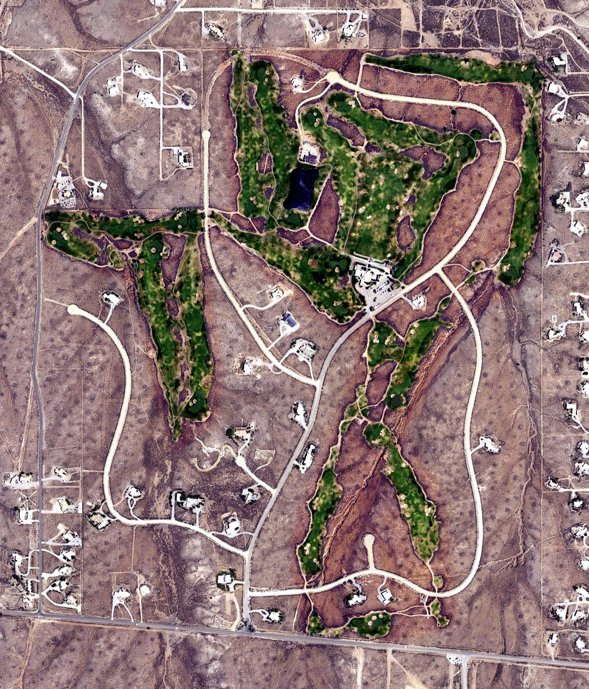 Aerial view of Taos Country Club, NM, with its hole routing marked