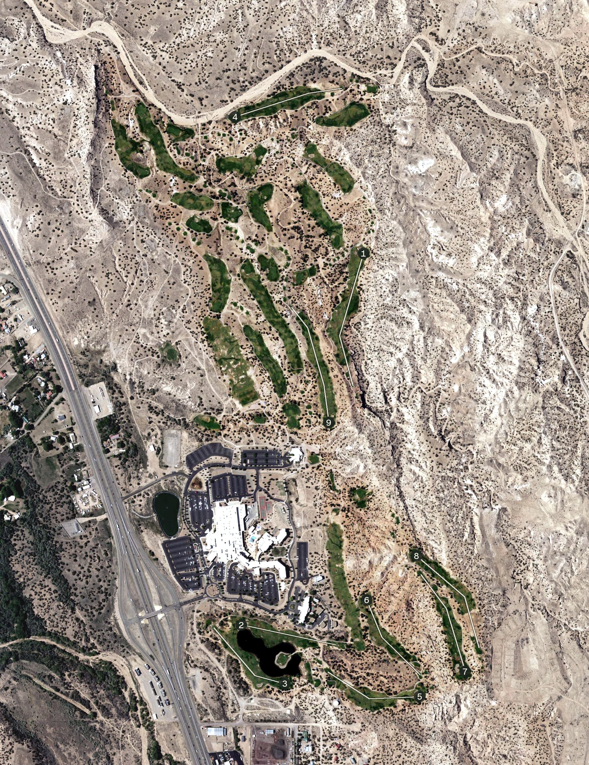 Aerial view of Towa Golf Club, NM, with its hole routing marked