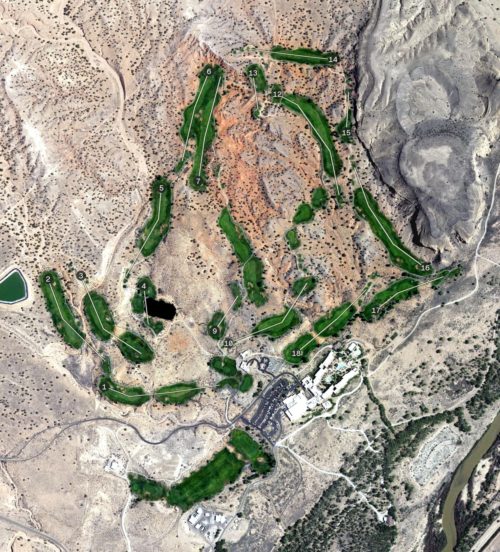 Aerial view of Twin Warriors Golf Club, NM, with its hole routing marked