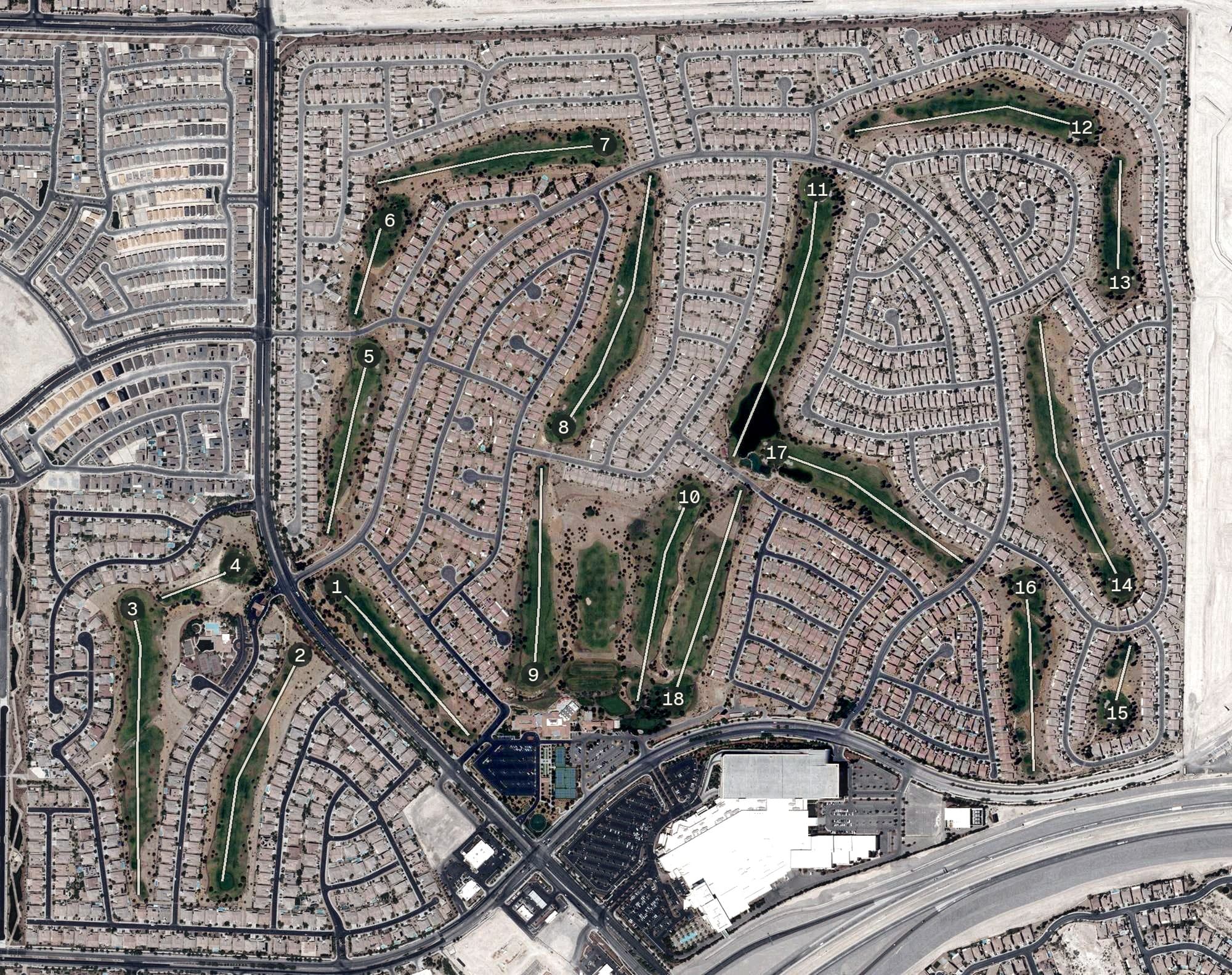 Aerial view of Aliante Golf Club, NV, with its hole routing marked