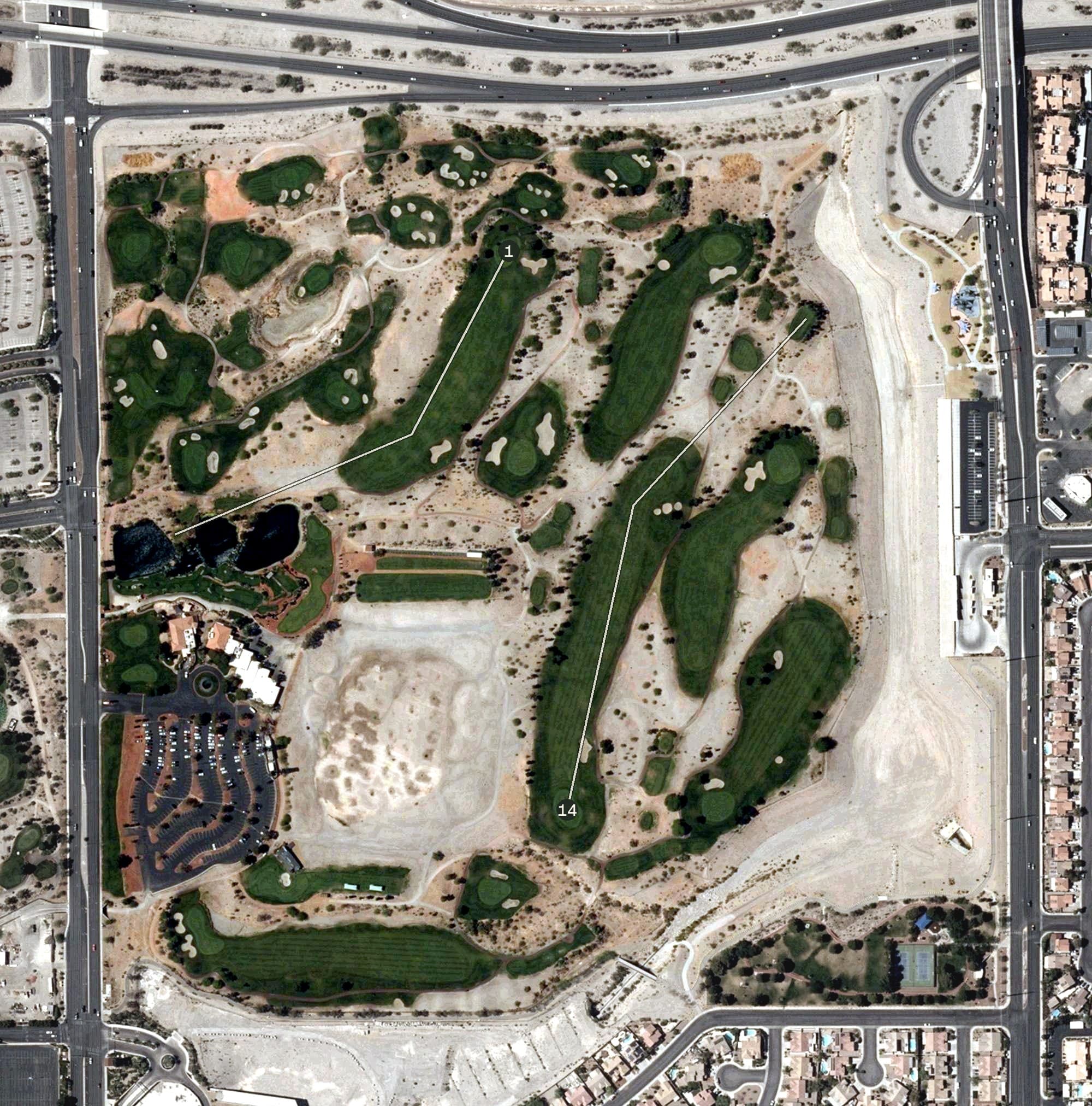 Aerial view of Angel Park Golf Club, NV, with its hole routing marked