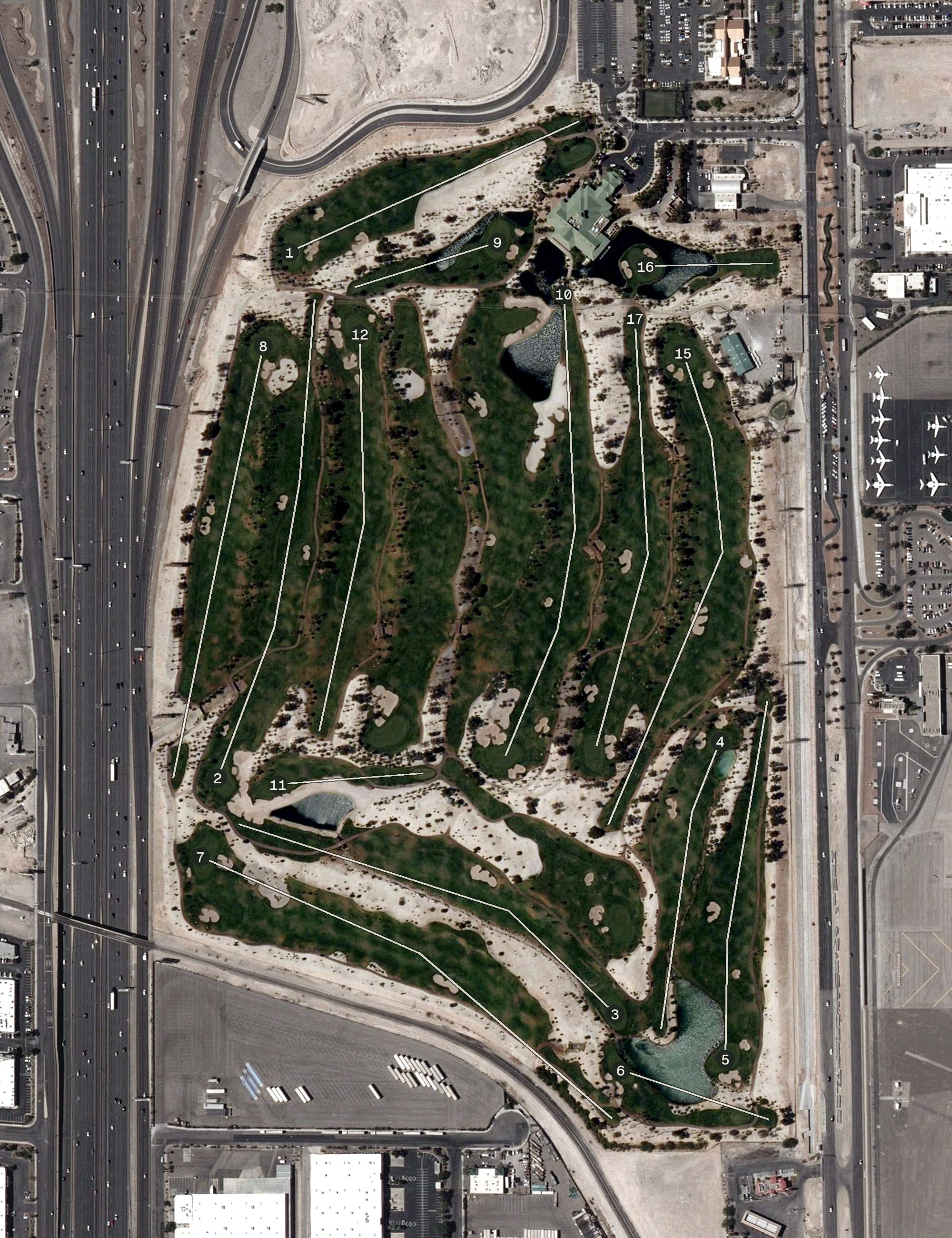 Aerial view of Bali Hai Golf Club, NV, with its hole routing marked