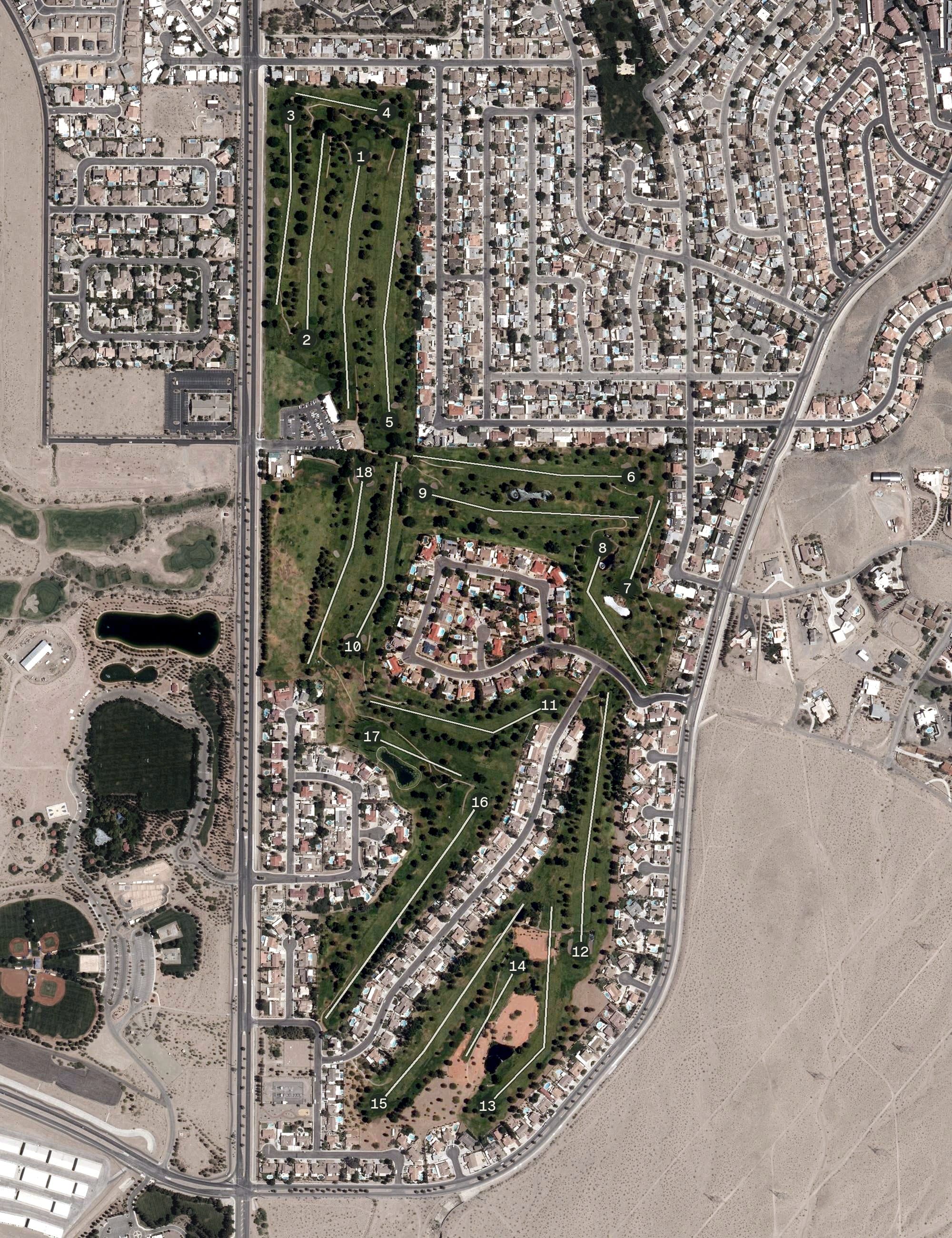 Aerial view of Boulder City Municipal Golf Course, NV, with its hole routing marked