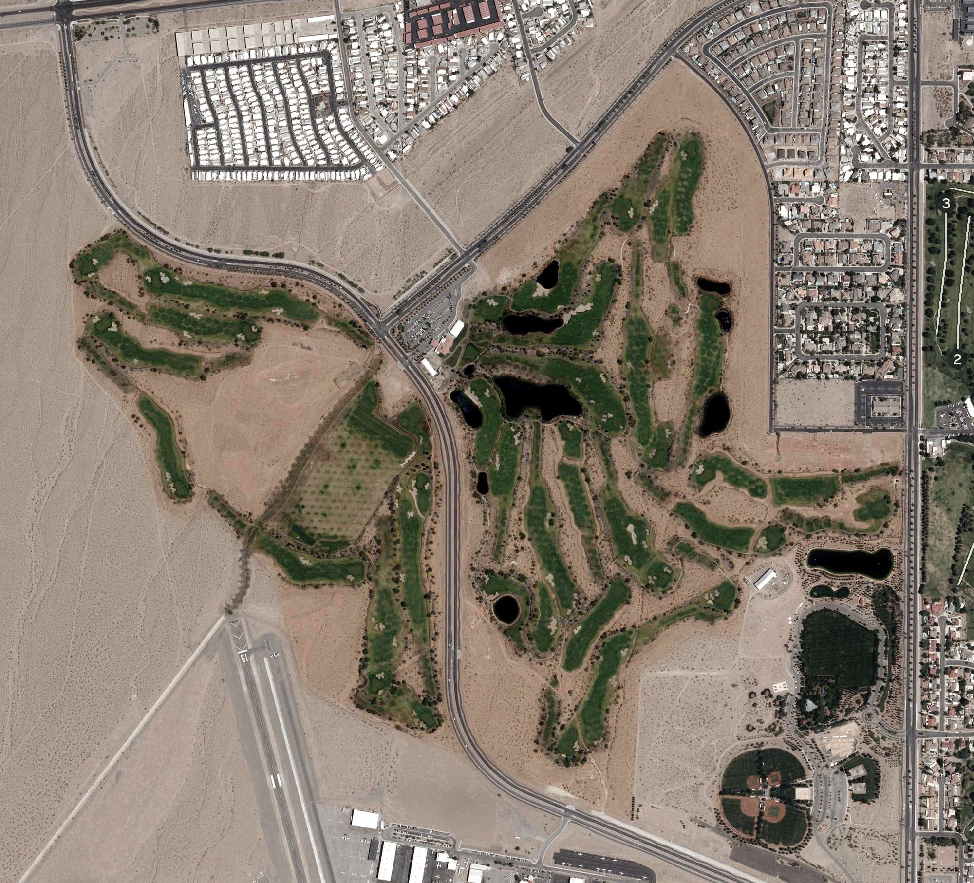 Aerial view of Boulder Creek Golf Course, NV, with its hole routing marked