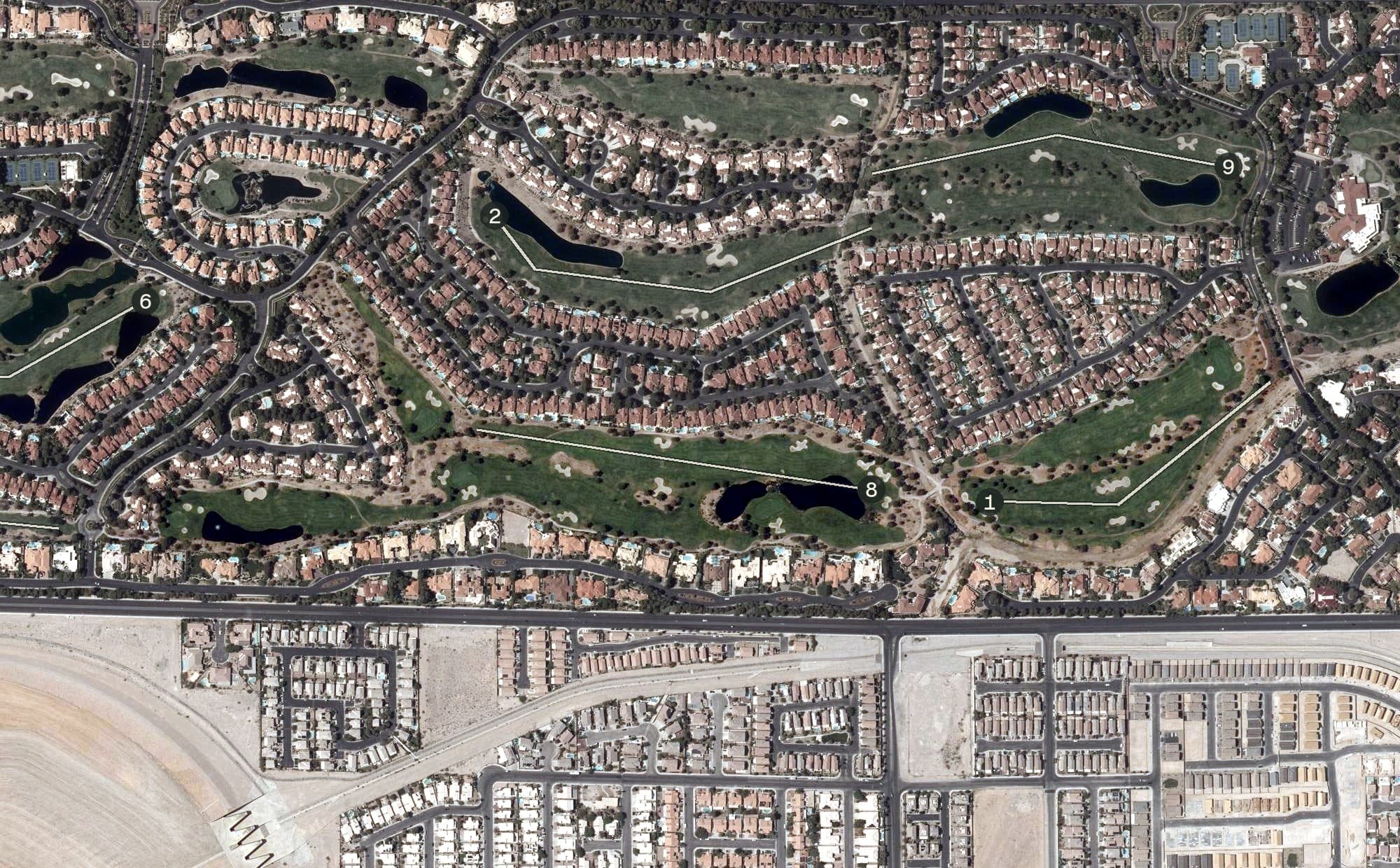Aerial view of Canyon Course, NV, with its hole routing marked