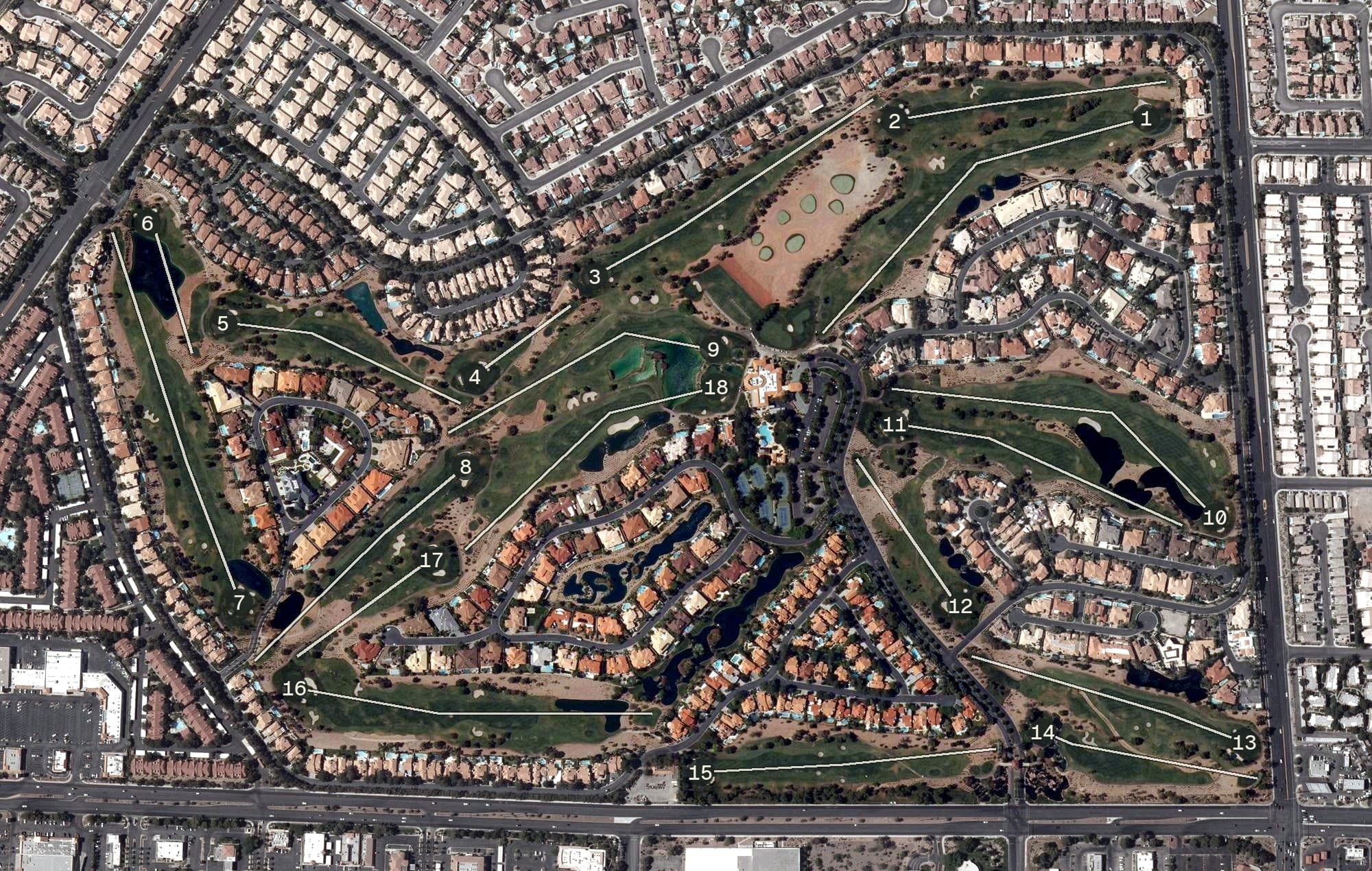 Aerial view of Canyon Gate Country Club, NV, with its hole routing marked
