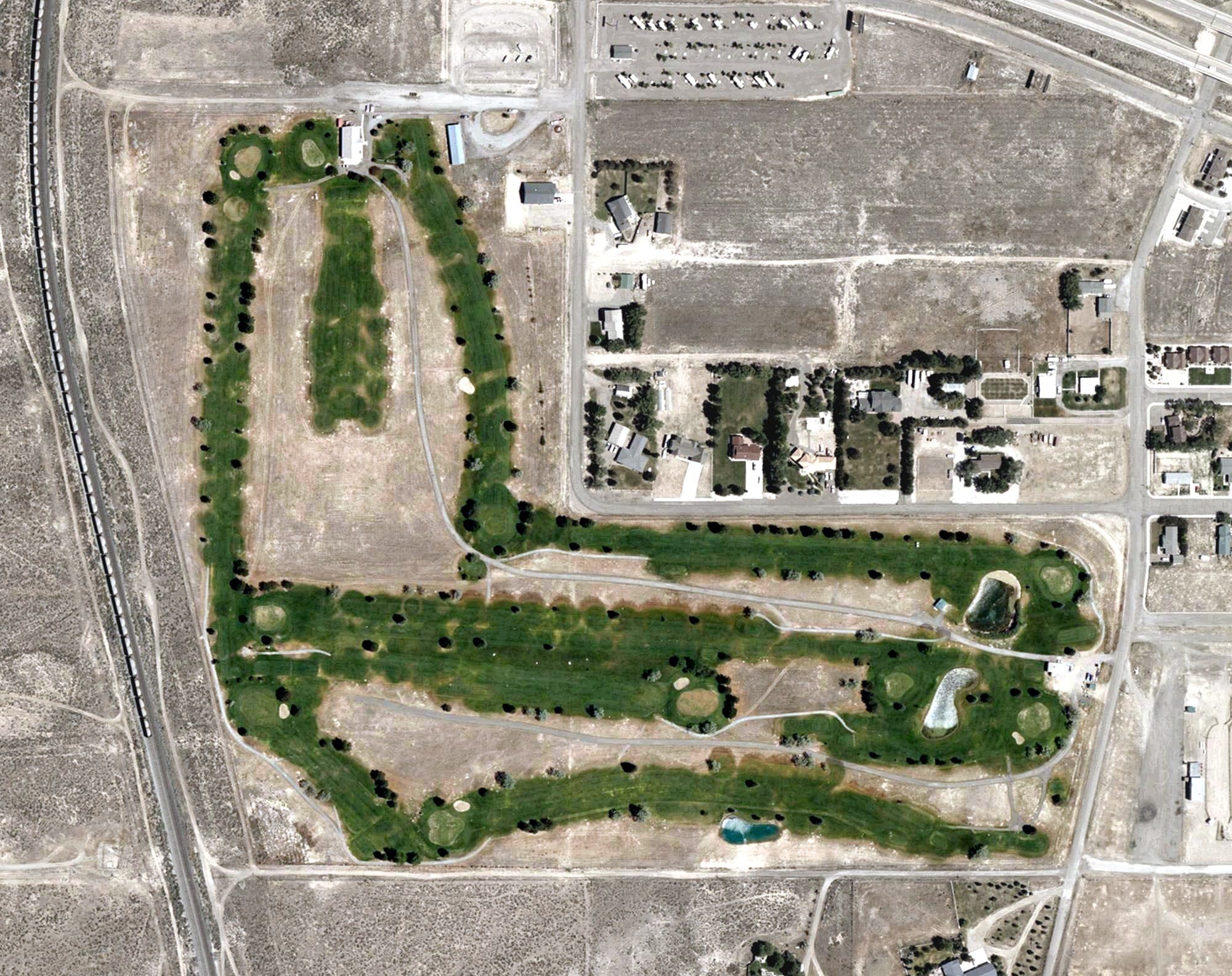 Aerial view of Chimney Rock Municipal Golf Course, NV, with its hole routing marked