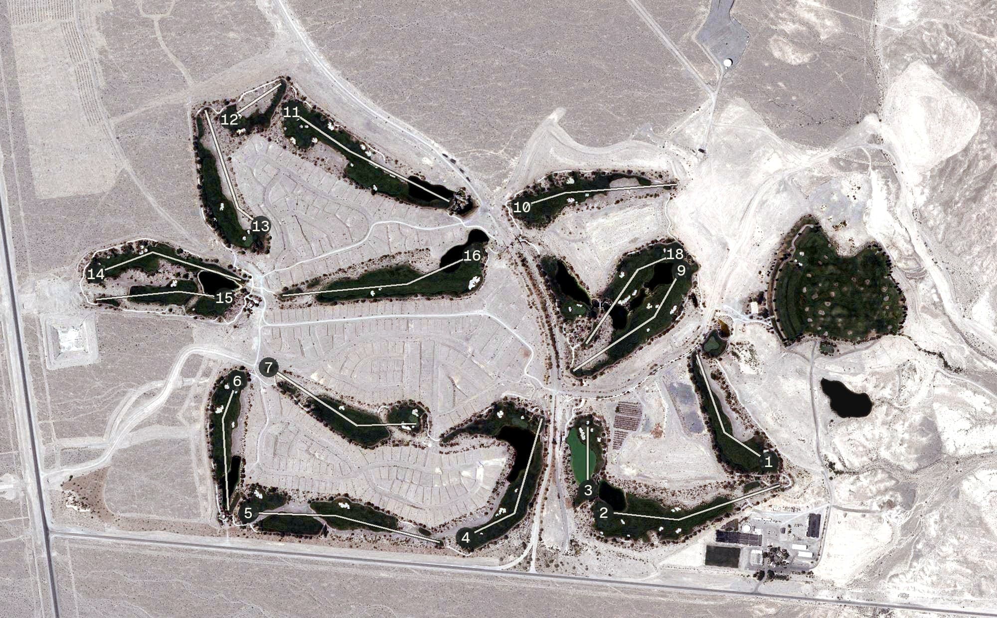 Aerial view of Coyote Springs Golf Club, NV, with its hole routing marked