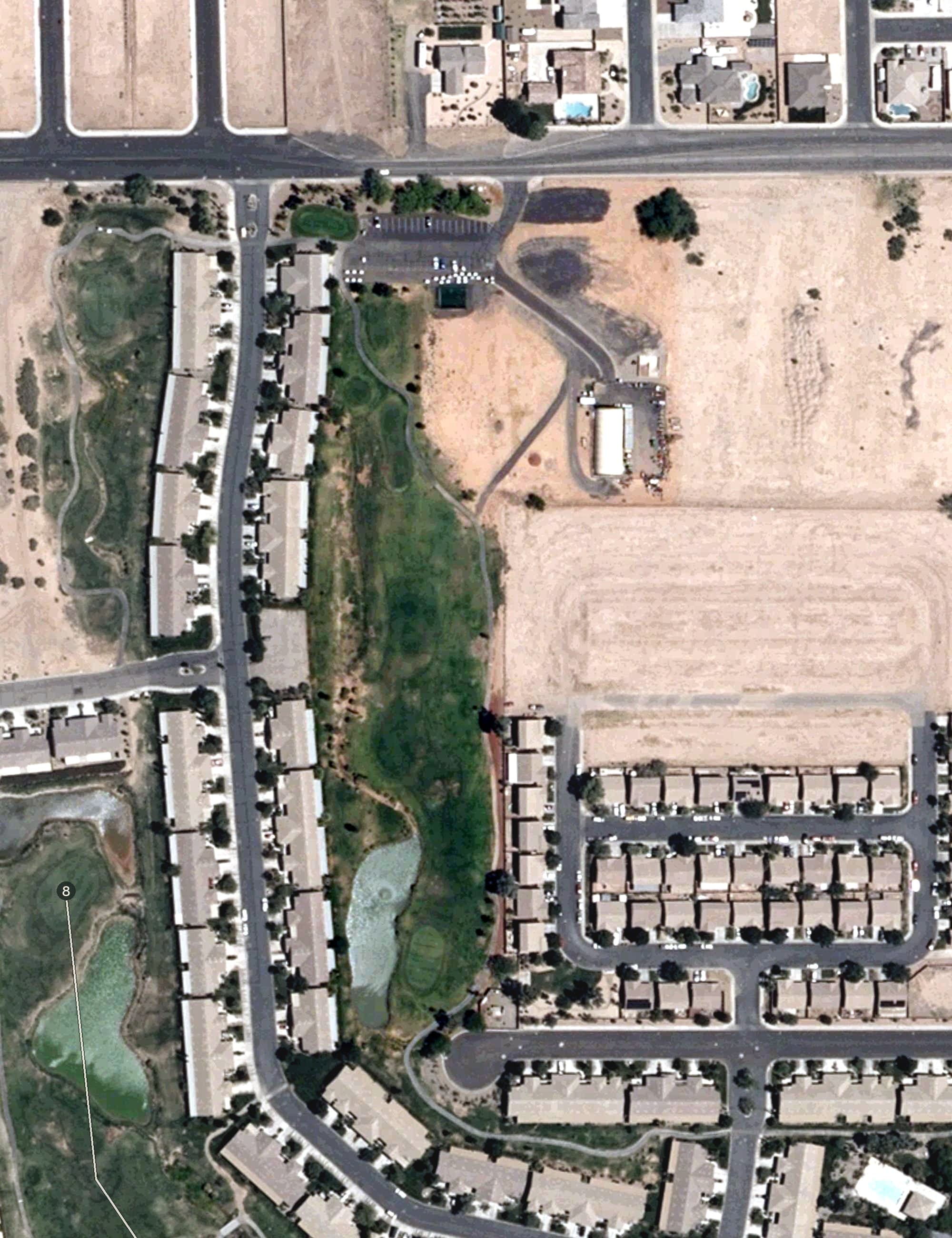 Aerial view of Coyote Willows Golf Course, NV, with its hole routing marked