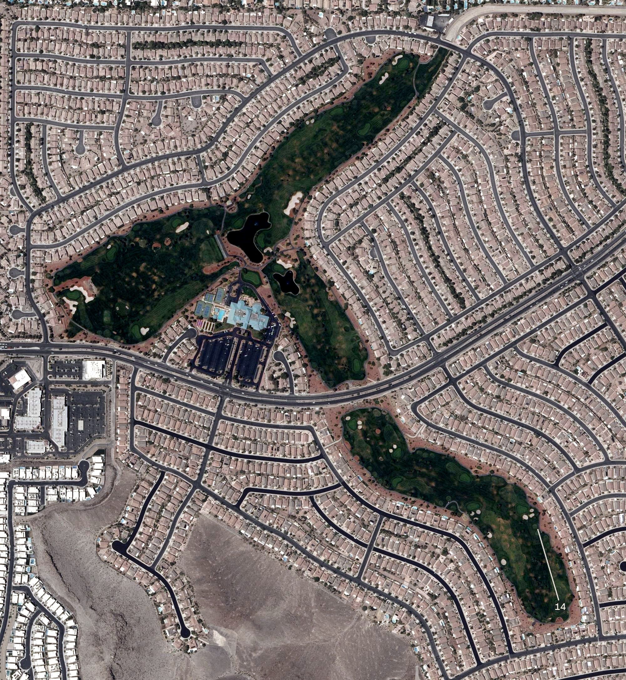 Aerial view of Desert Willow Golf Course, NV, with its hole routing marked