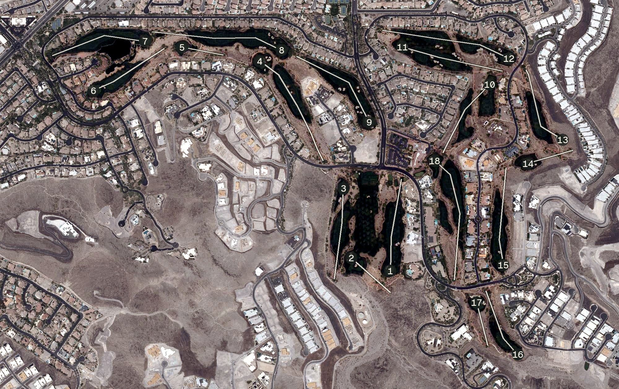 Aerial view of Dragon Ridge Country Club, NV, with its hole routing marked