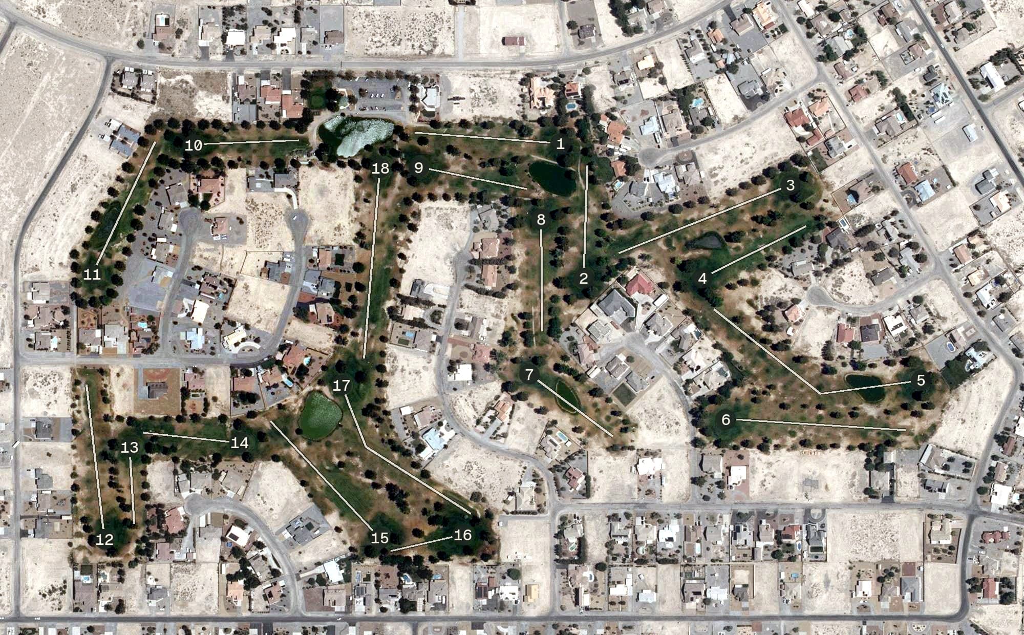 Aerial view of Lake View Executive Golf Course, NV, with its hole routing marked
