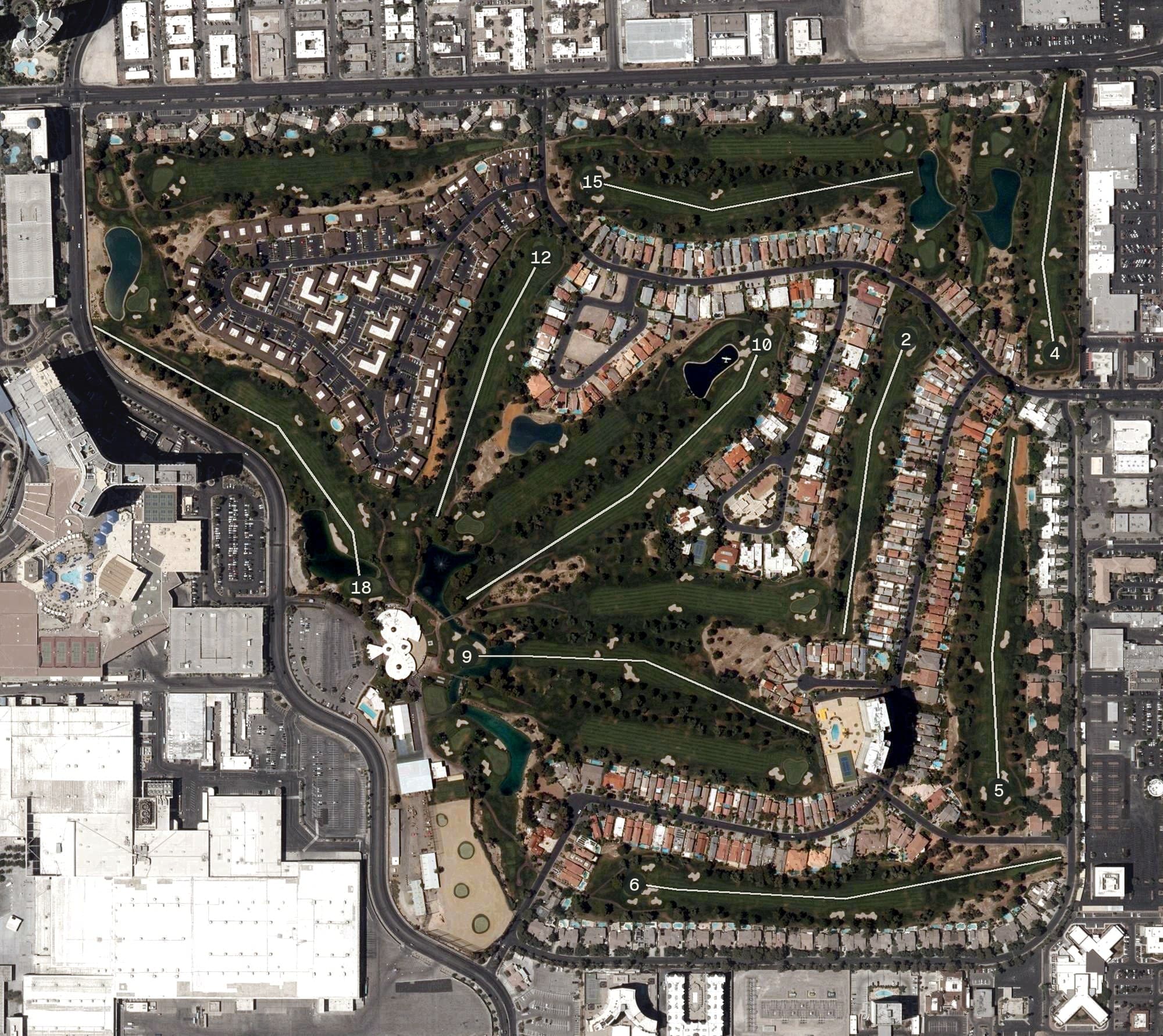 Aerial view of Las Vegas Country Club, NV, with its hole routing marked