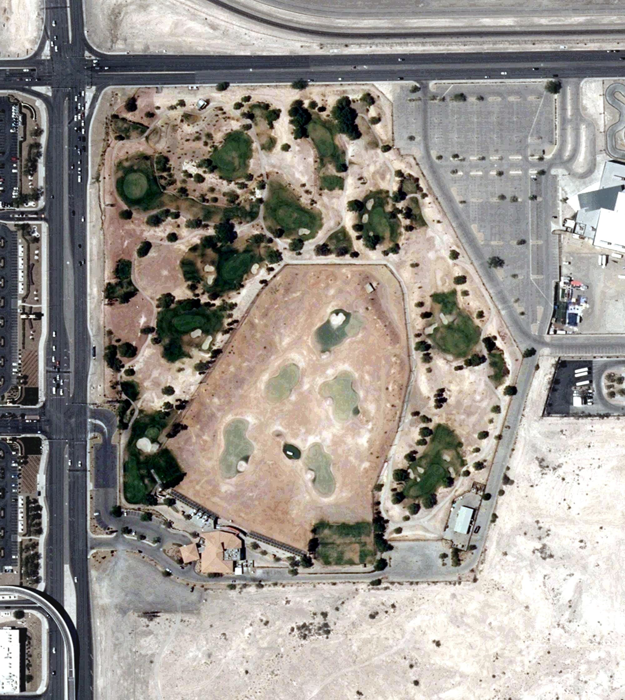 Aerial view of Las Vegas Golf Center, NV, with its hole routing marked