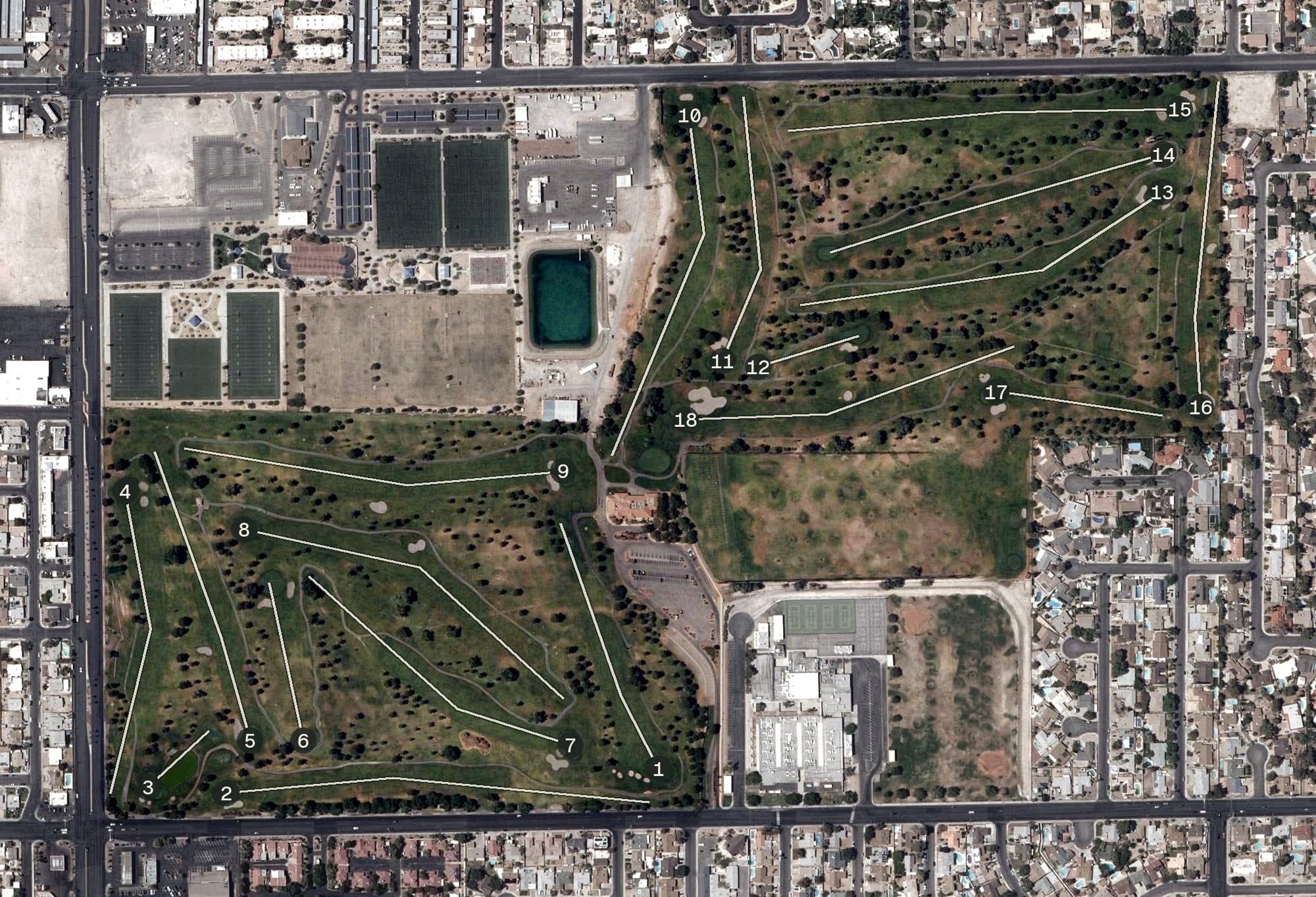Aerial view of Las Vegas Golf Club, NV, with its hole routing marked