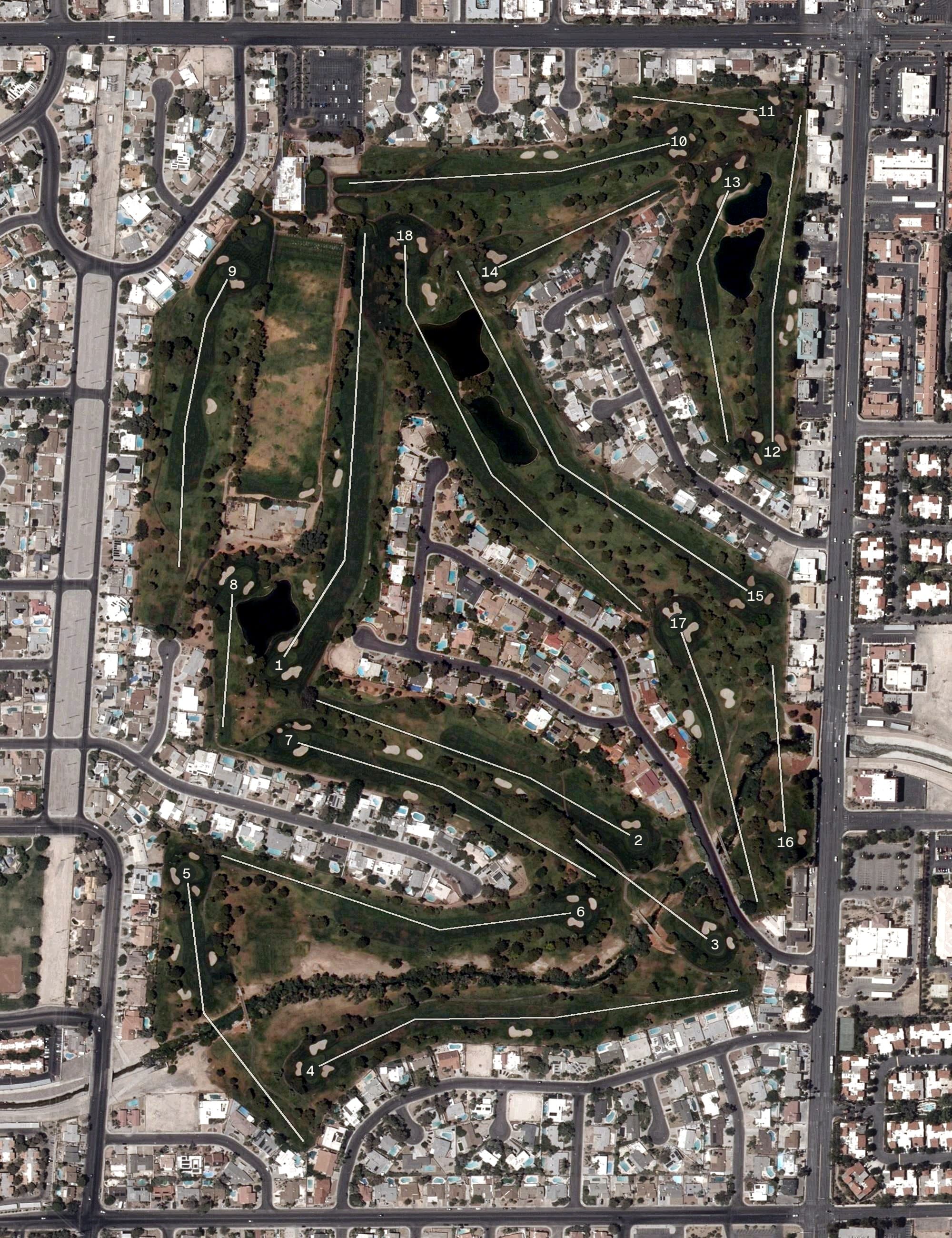Aerial view of Las Vegas National Golf Club, NV, with its hole routing marked