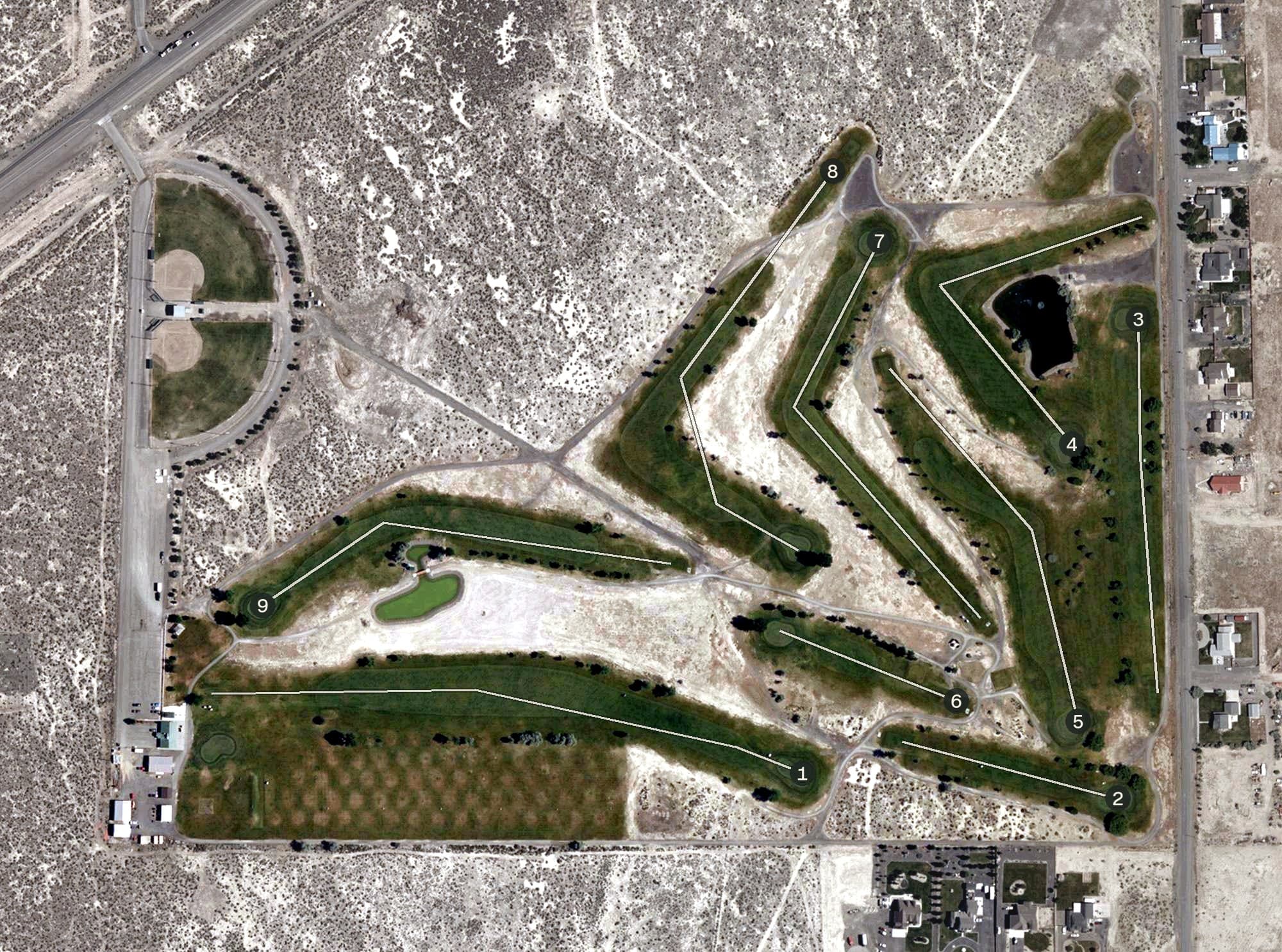Aerial view of Mountain View Golf Club, NV, with its hole routing marked