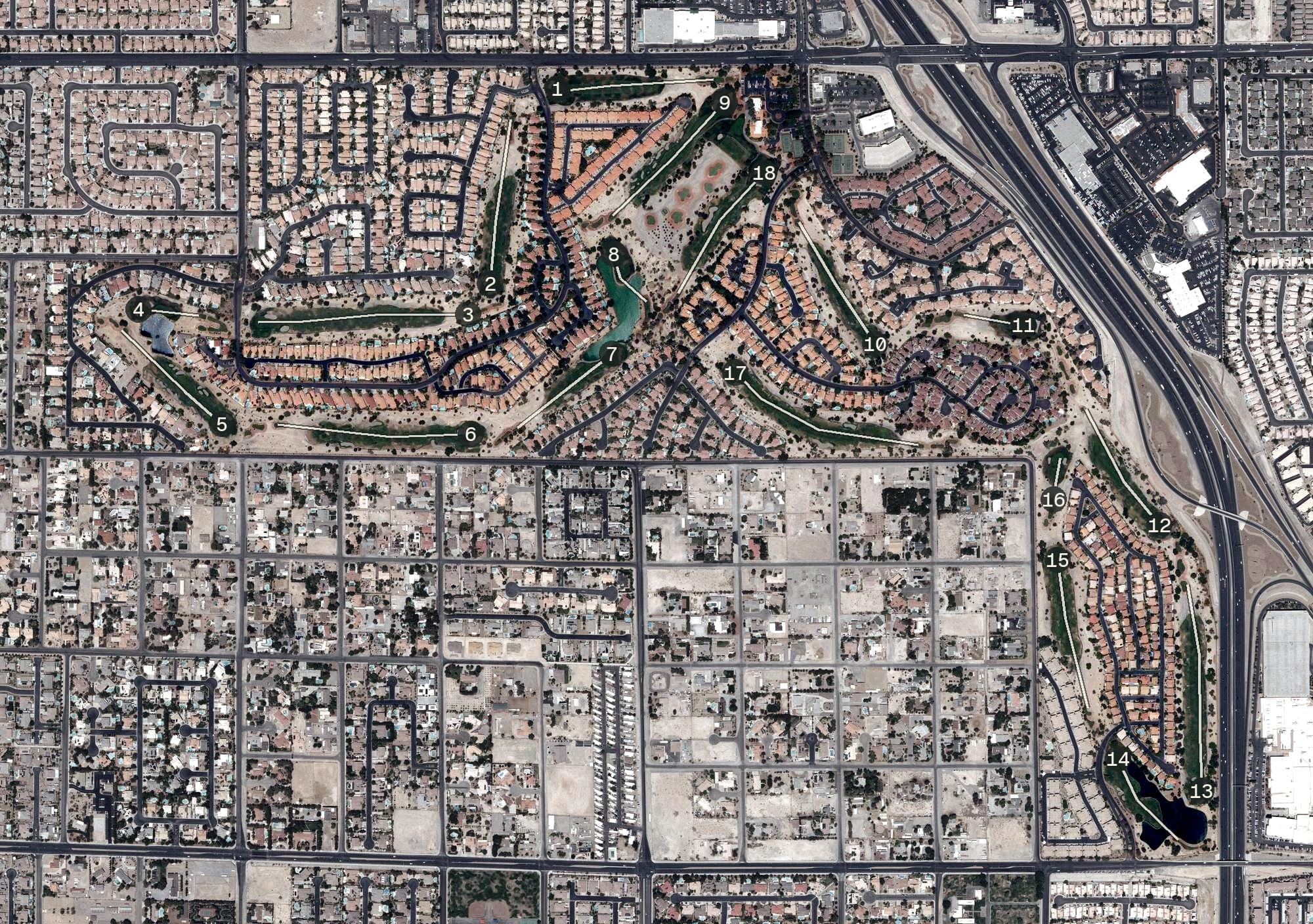 Aerial view of Painted Desert Golf Club, NV, with its hole routing marked