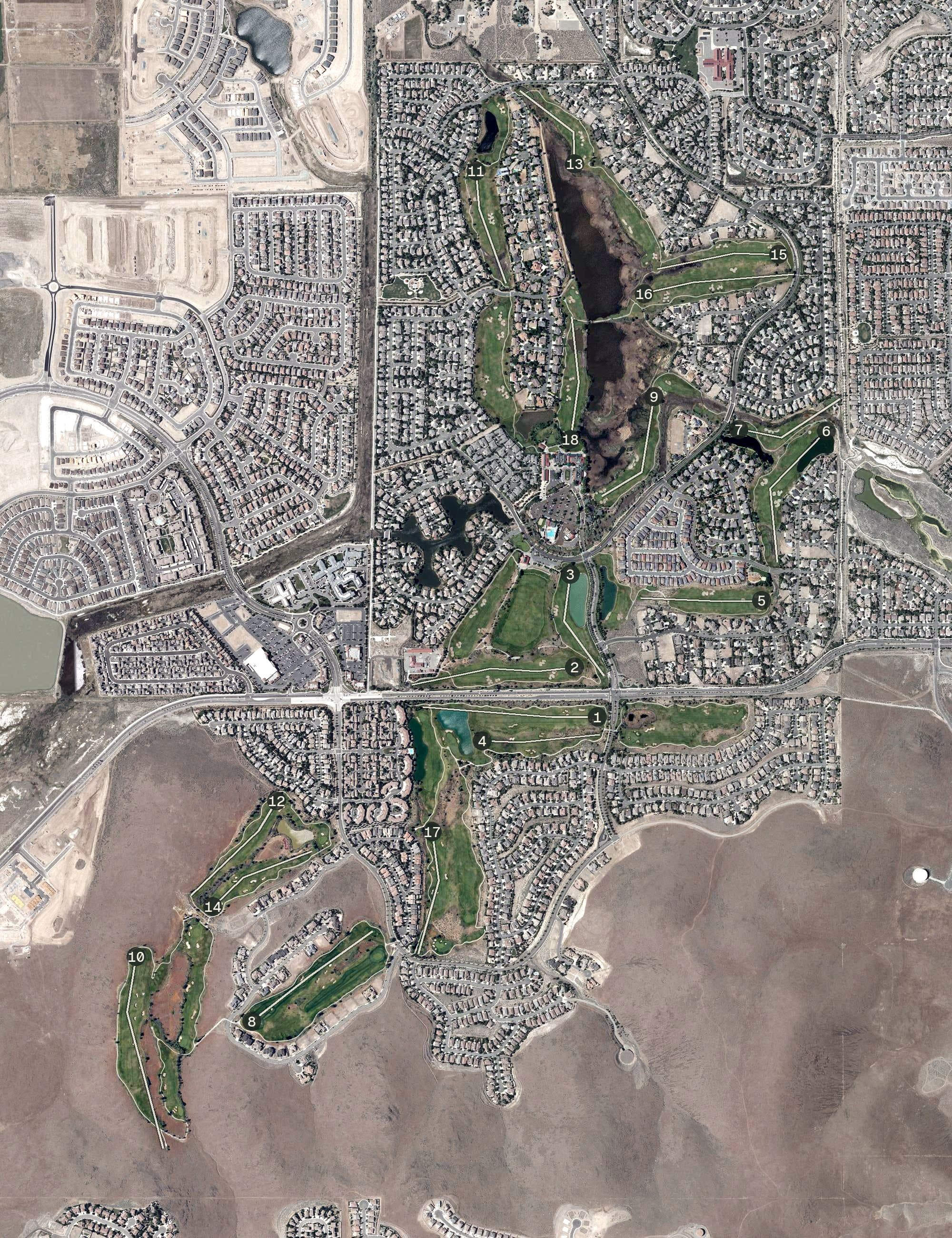 Aerial view of Red Hawk Golf and Resort, NV, with its hole routing marked