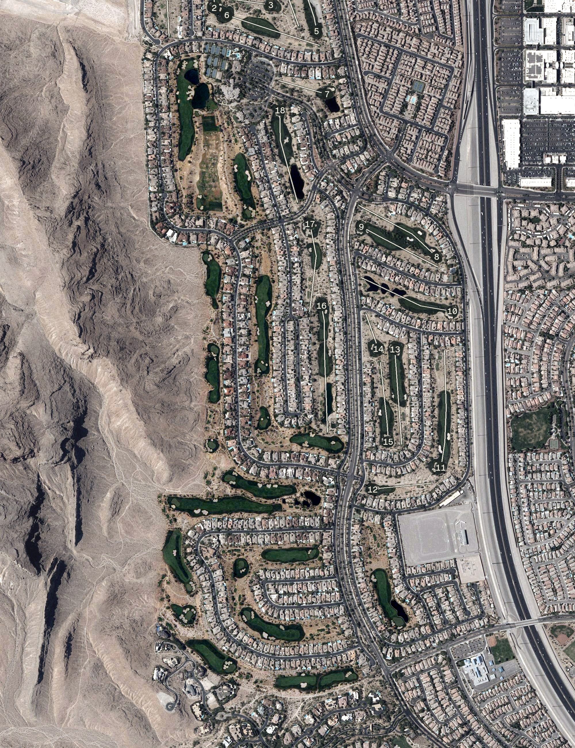 Aerial view of Red Rock Country Club, NV, with its hole routing marked