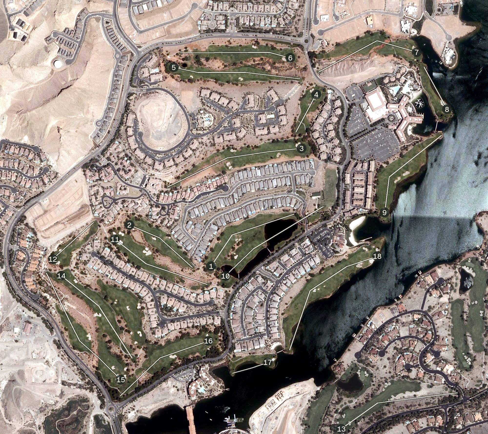 Aerial view of Reflection Bay Golf Club, NV, with its hole routing marked
