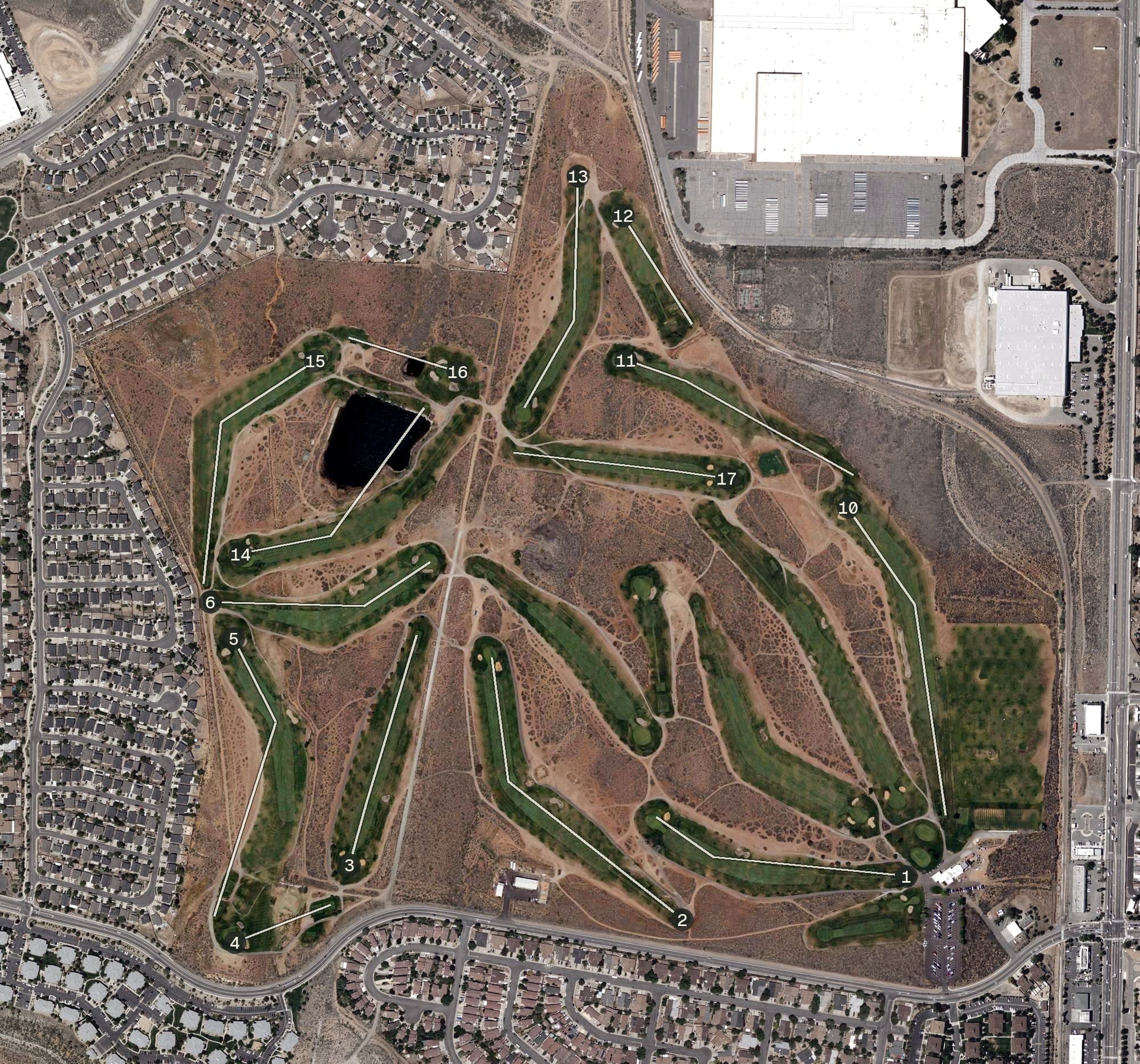Aerial view of Sierra Sage Golf Course, NV, with its hole routing marked