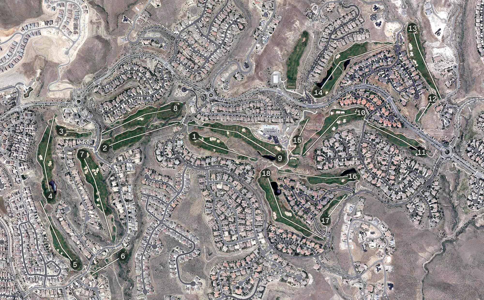 Aerial view of Somersett Golf and Country Club, NV, with its hole routing marked