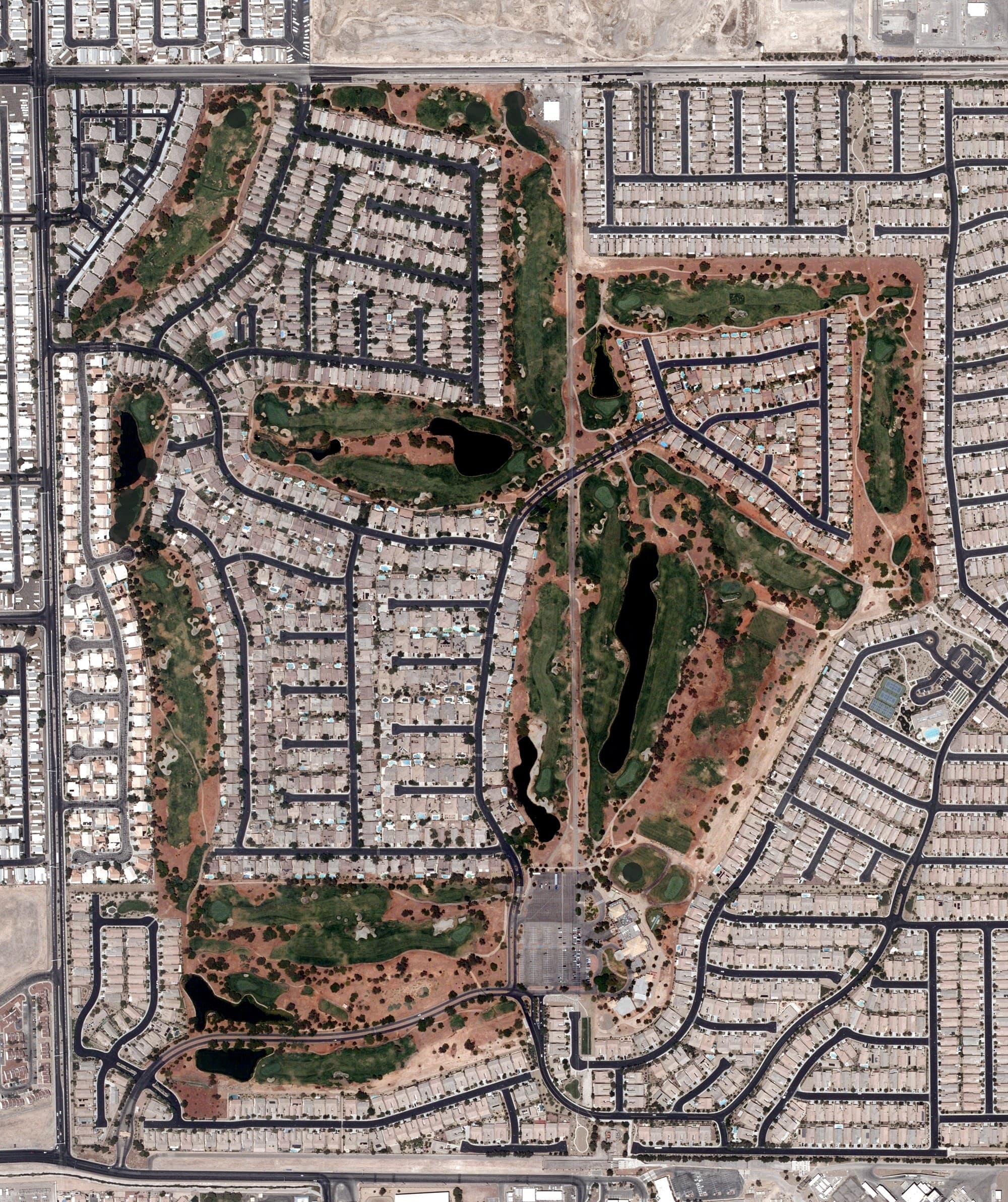 Aerial view of Stallion Mountain Golf Club, NV, with its hole routing marked