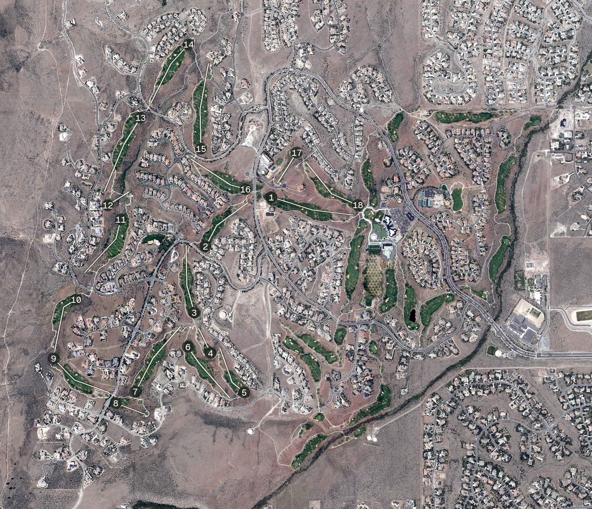 Aerial view of The Club at ArrowCreek, NV, with its hole routing marked
