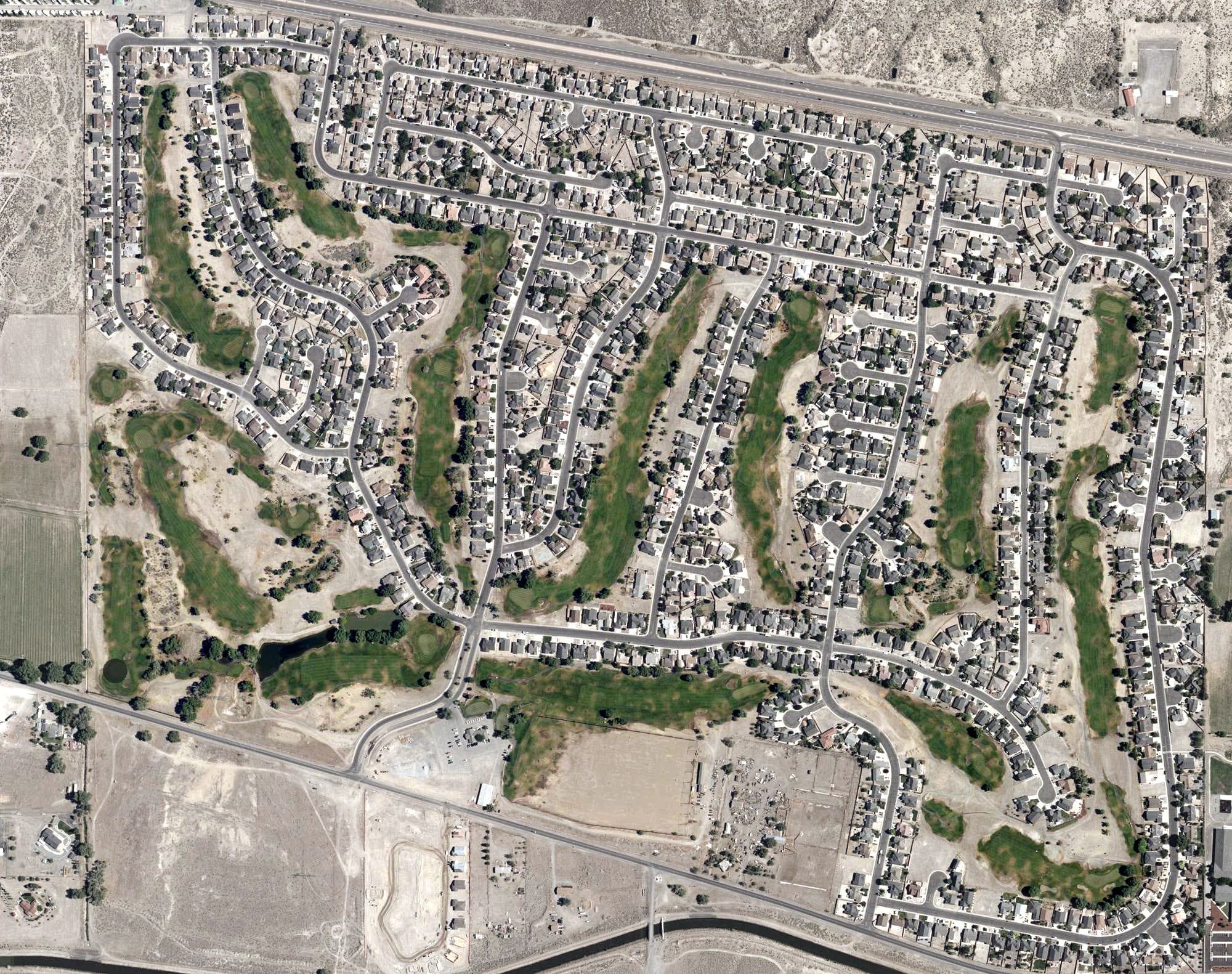 Aerial view of The Golf Club at Fernley, NV, with its hole routing marked