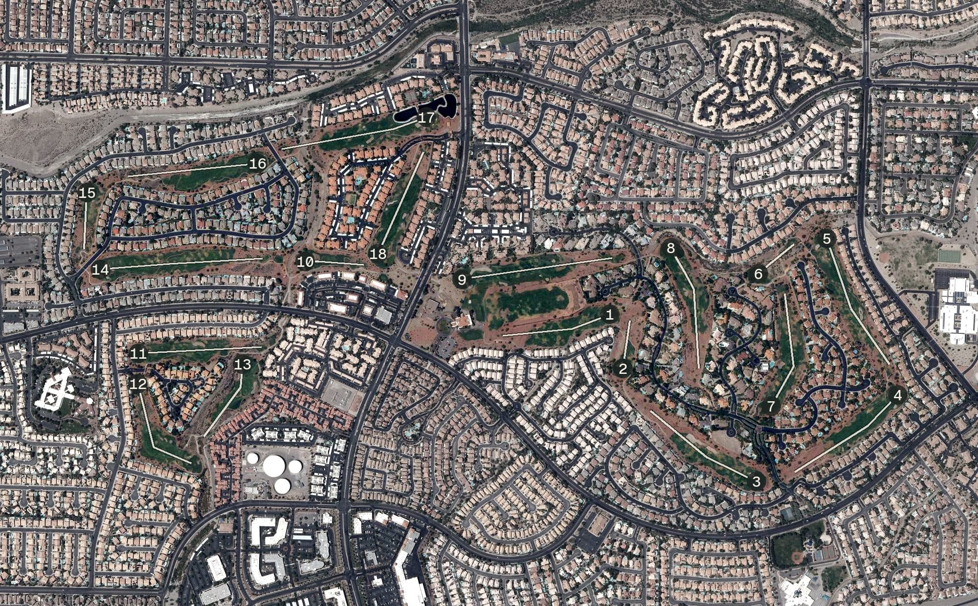 Aerial view of The Legacy Golf Club, NV, with its hole routing marked