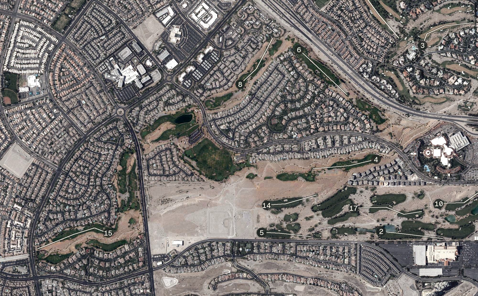 Aerial view of TPC Las Vegas, NV, with its hole routing marked