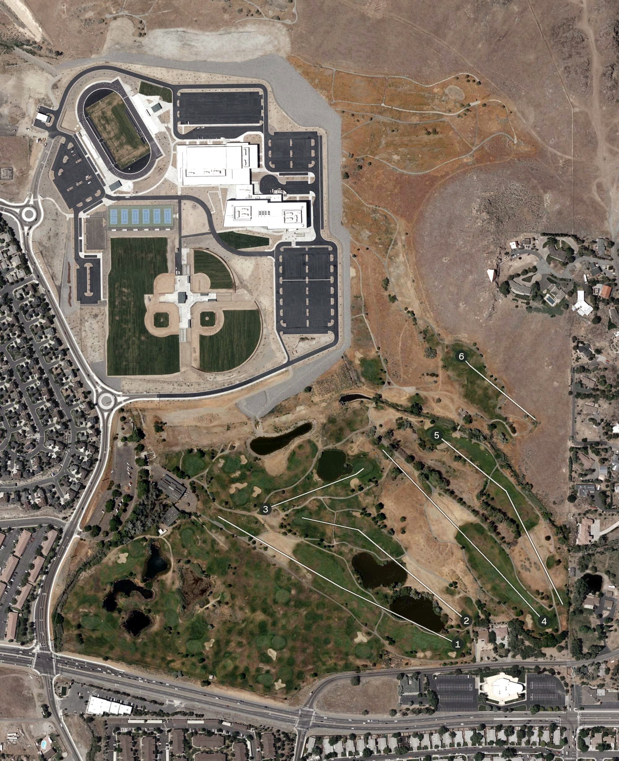 Aerial view of Wildcreek Golf Course, NV, with its hole routing marked
