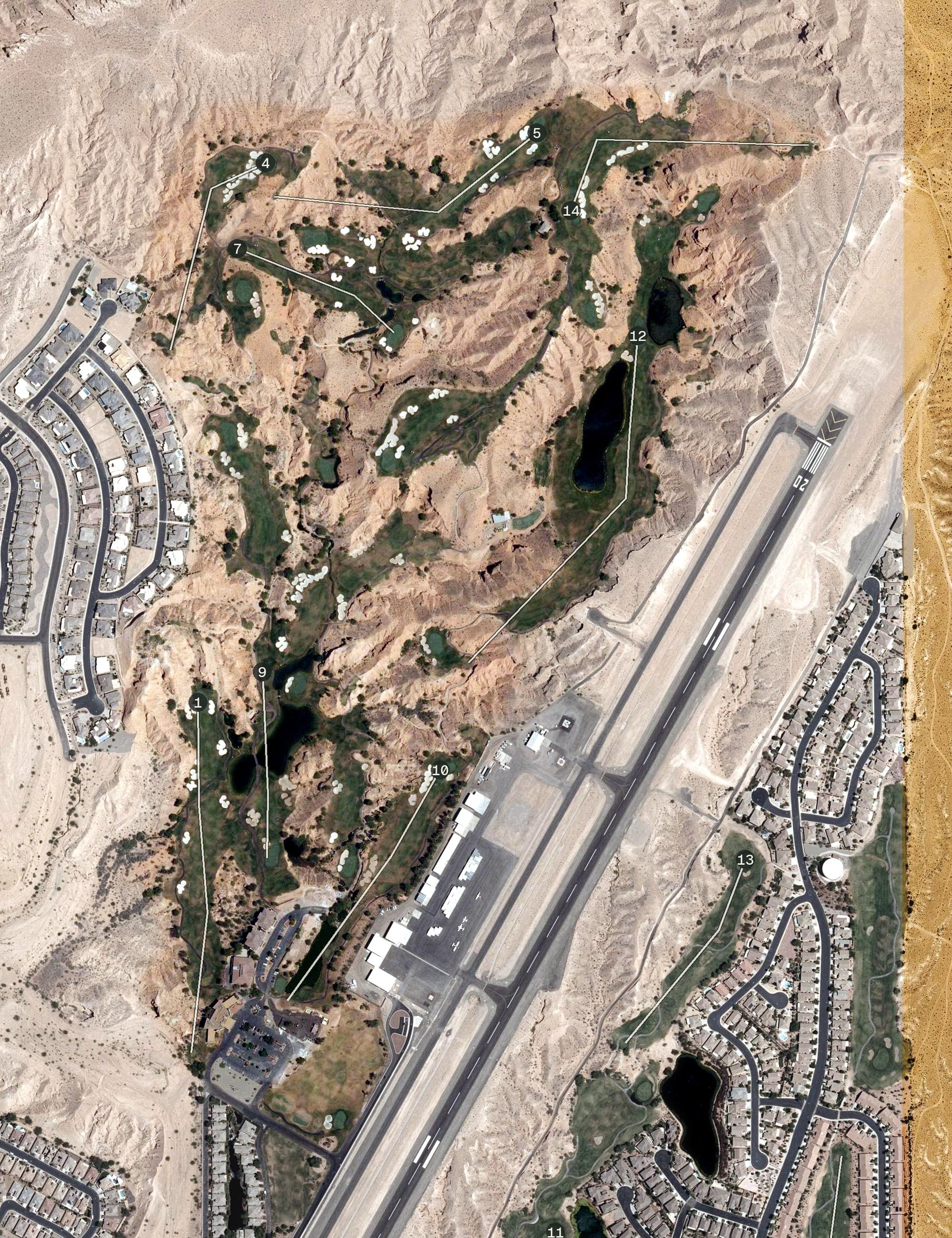 Aerial view of Wolf Creek Golf Club, NV, with its hole routing marked