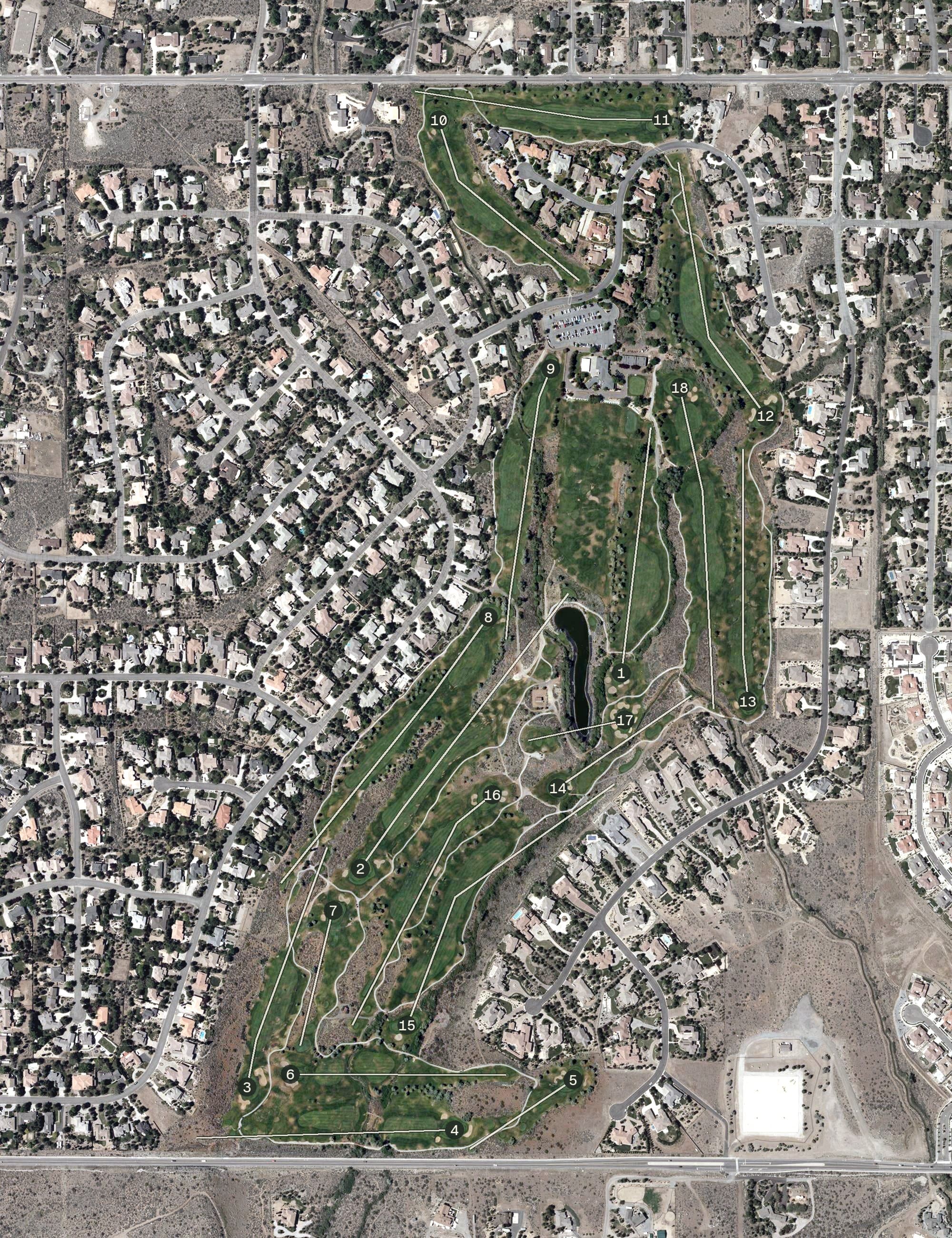 Aerial view of Wolf Run Golf Club, NV, with its hole routing marked