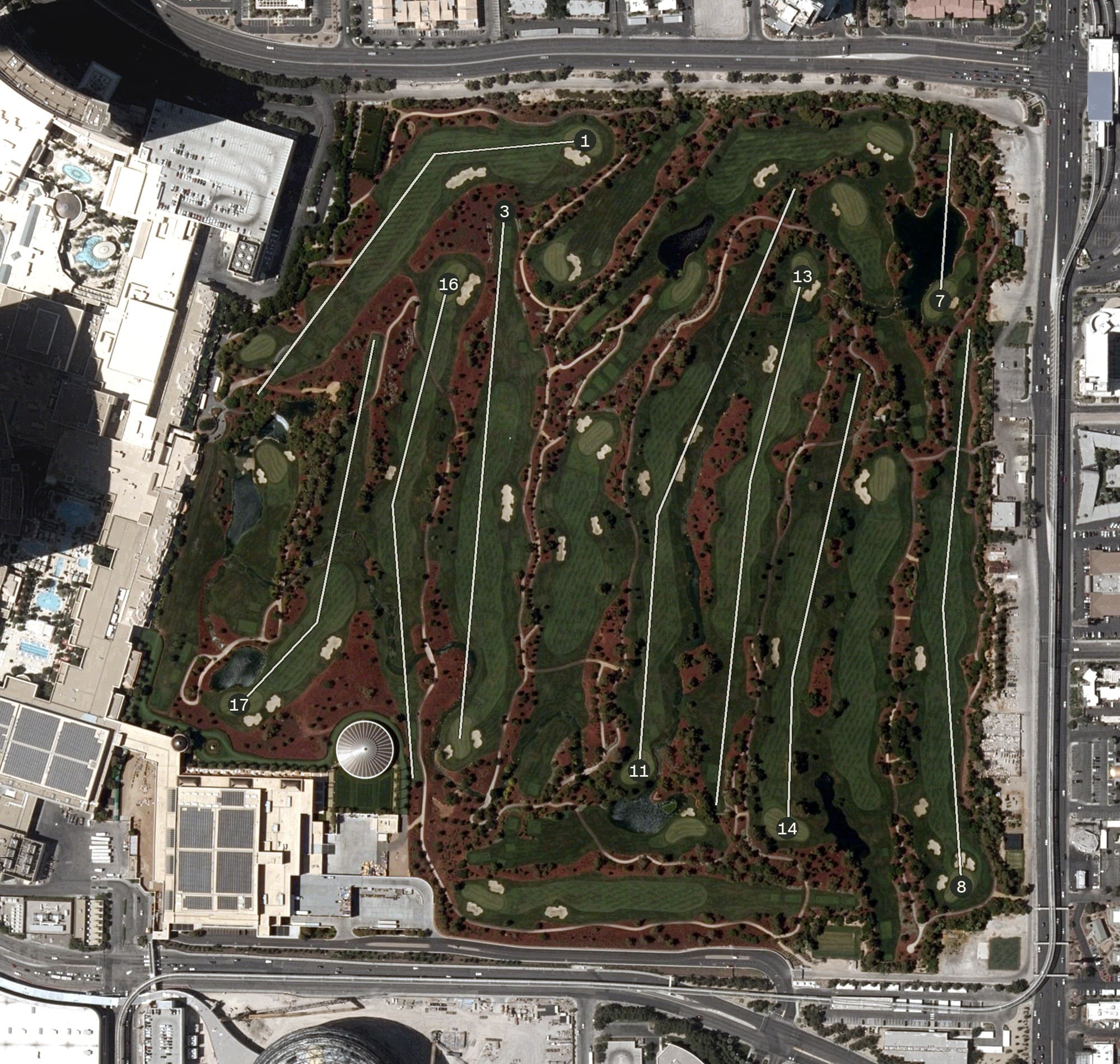 Aerial view of Wynn Golf Course, NV, with its hole routing marked