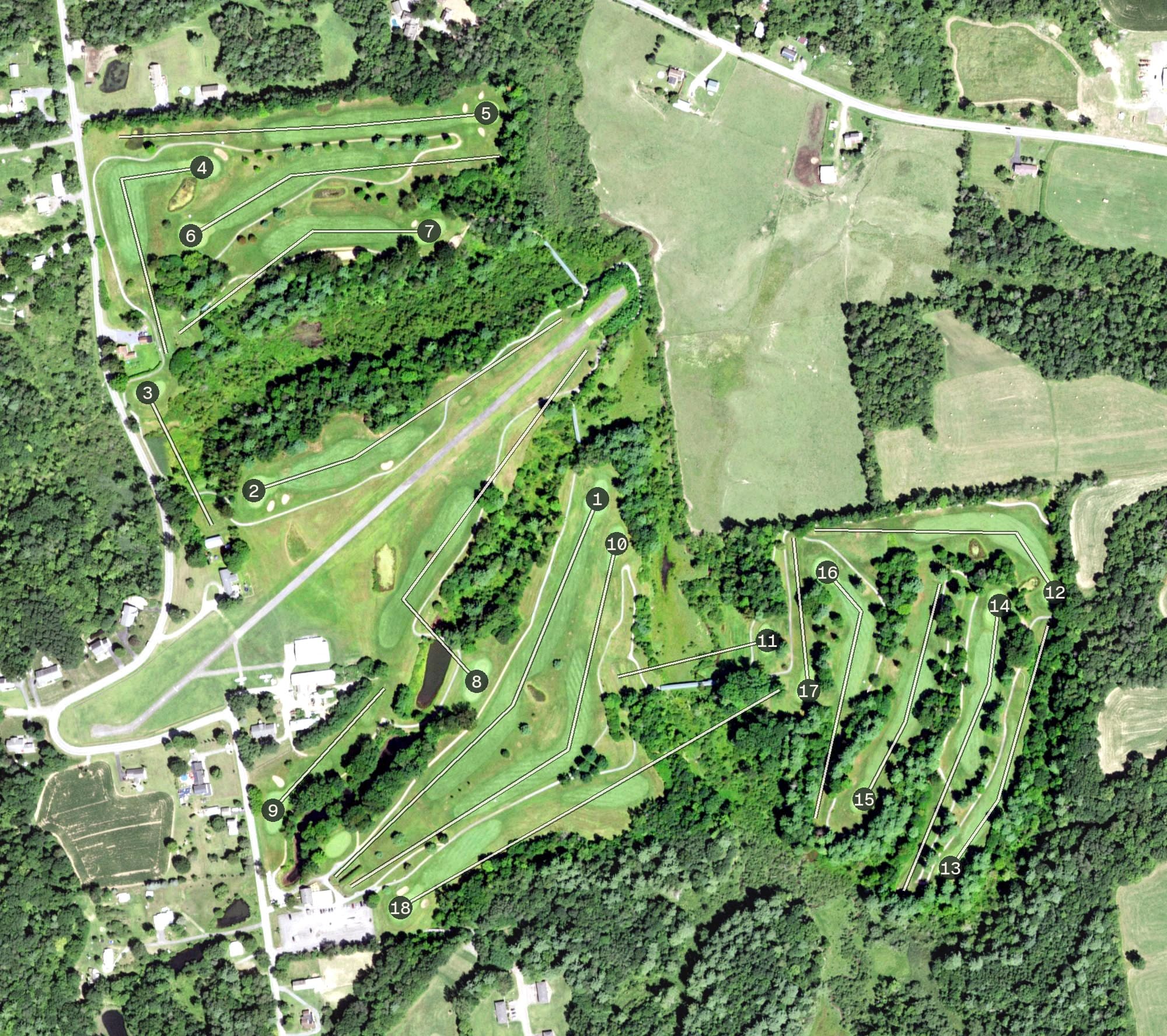 Aerial view of Airway Meadows Golf Club, NY, with its hole routing marked